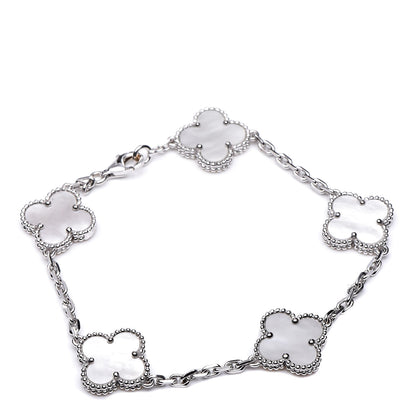 Van Cleef & Arpels 18K White Gold Mother of Pearl 5 Motifs Vintage Alhambra Bracelet 1 of 5