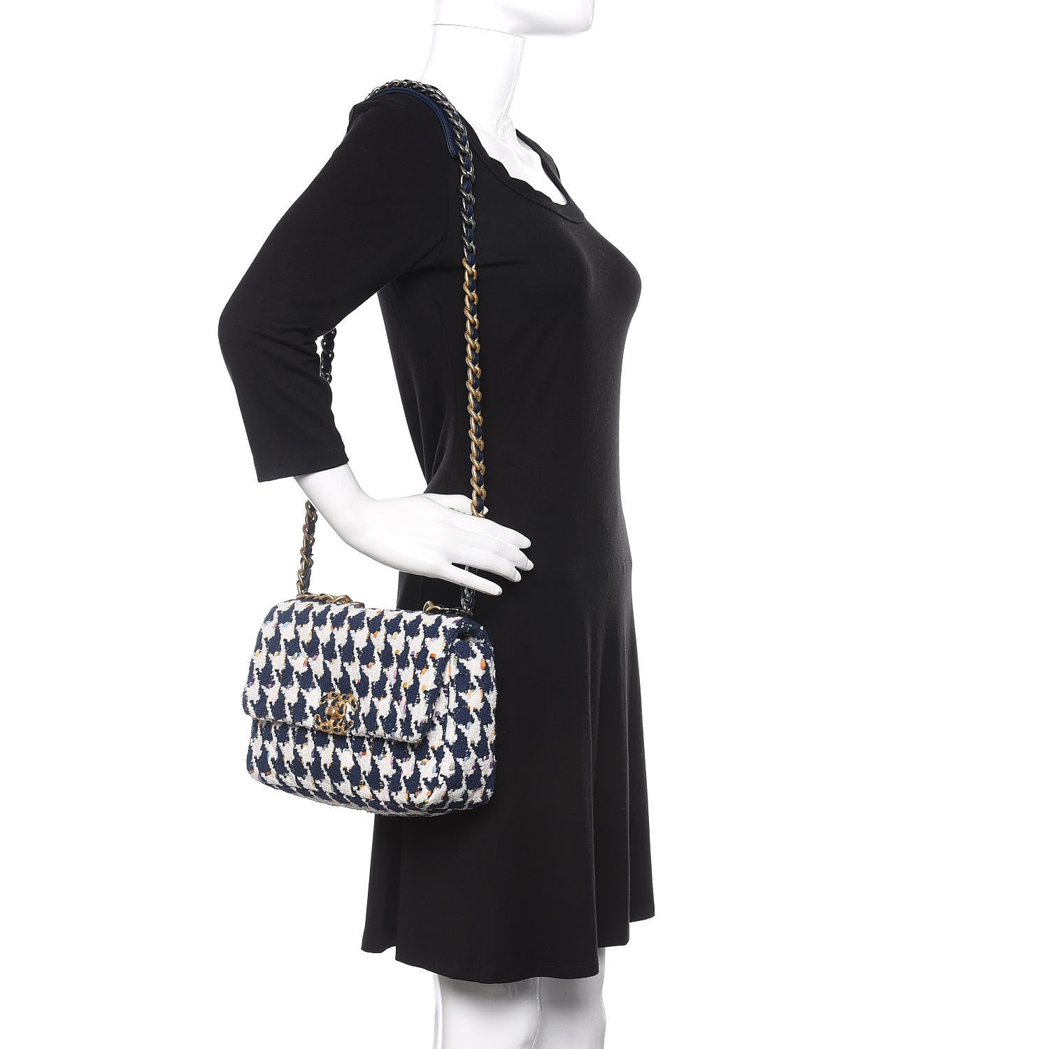 Chanel Tweed Quilted Medium 19 Flap Ecru Navy Blue Multicolor 2 of 9
