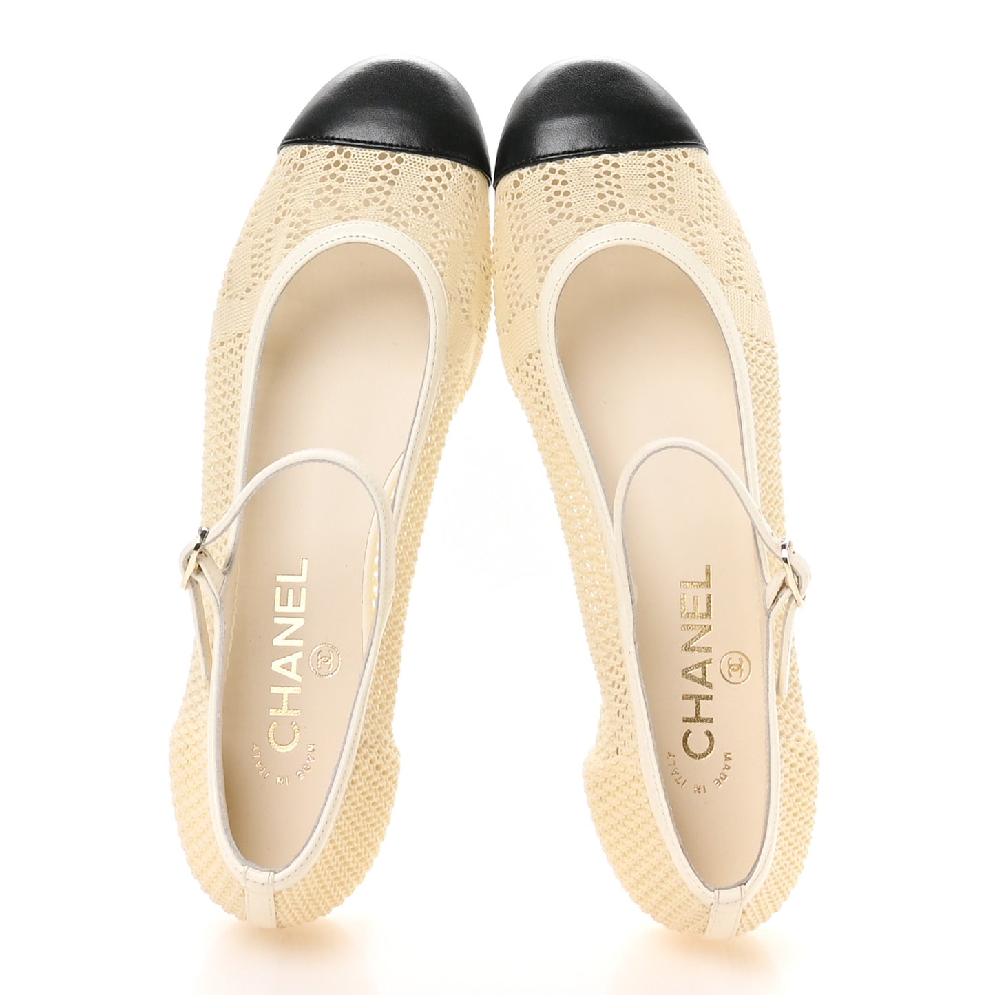 Crochet Lambskin Cap Toe Mary Jane Flats 39 Natural Beige Black