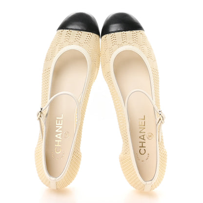 Chanel Crochet Lambskin Cap Toe Mary Jane Flats 39 Natural Beige Black 2 of 8