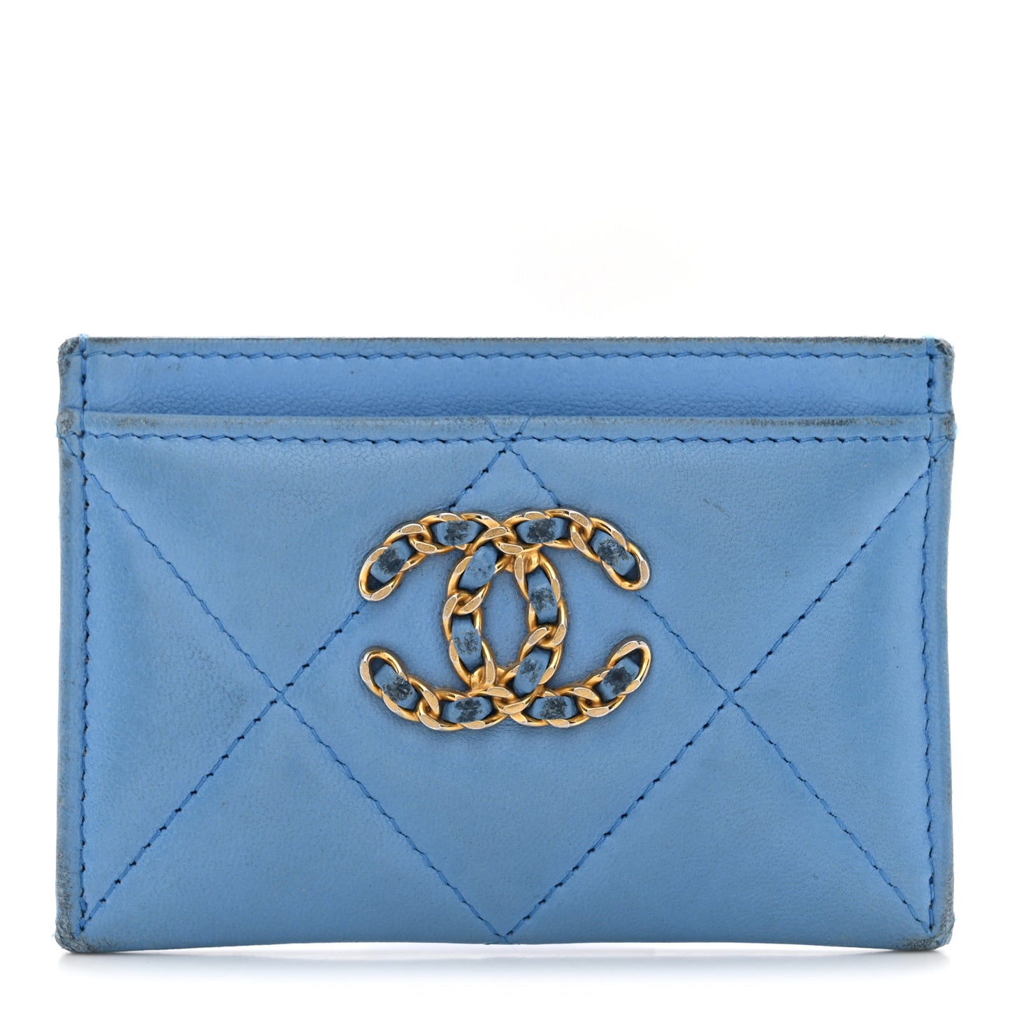 Lambskin Quilted Chanel 19 Card Holder Light Blue