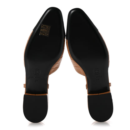 Chanel Calfskin Crocodile Embossed Patent Cap Toe CC Slingback Flats 37 Light Brown Black 6 of 10