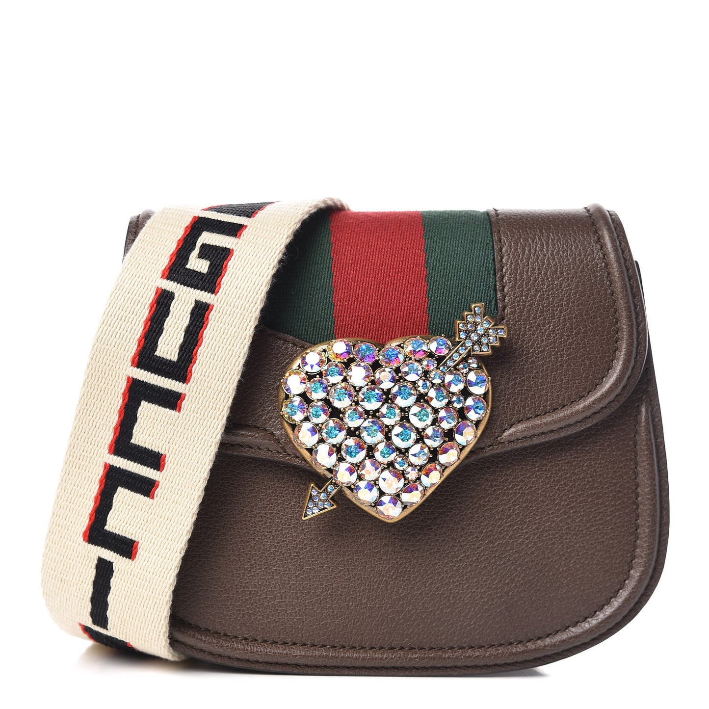 Textured Calfskin Web Crystal Heart Stripe Small Totem Shoulder Bag New Acero