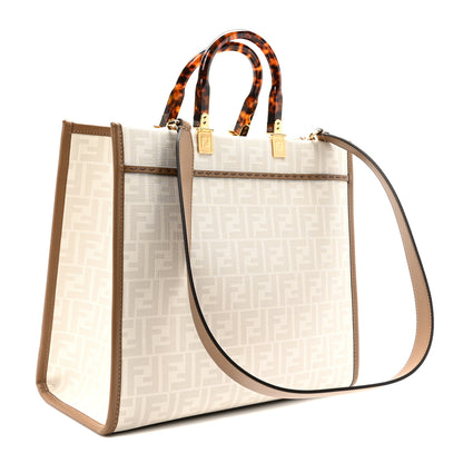 Fendi Glazed Fabric Plexiglass FF Logo Bikini Girls Medium Fendi Sunshine Shopper Tote Bianco Perla Multicolor Miele Scuro 3 of 10