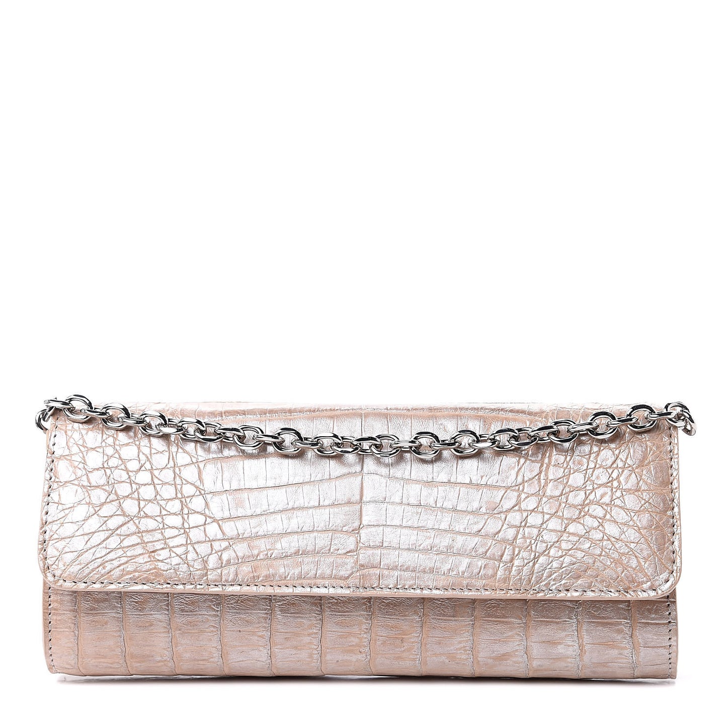 Metallic Crocodile Chain Clutch Beige