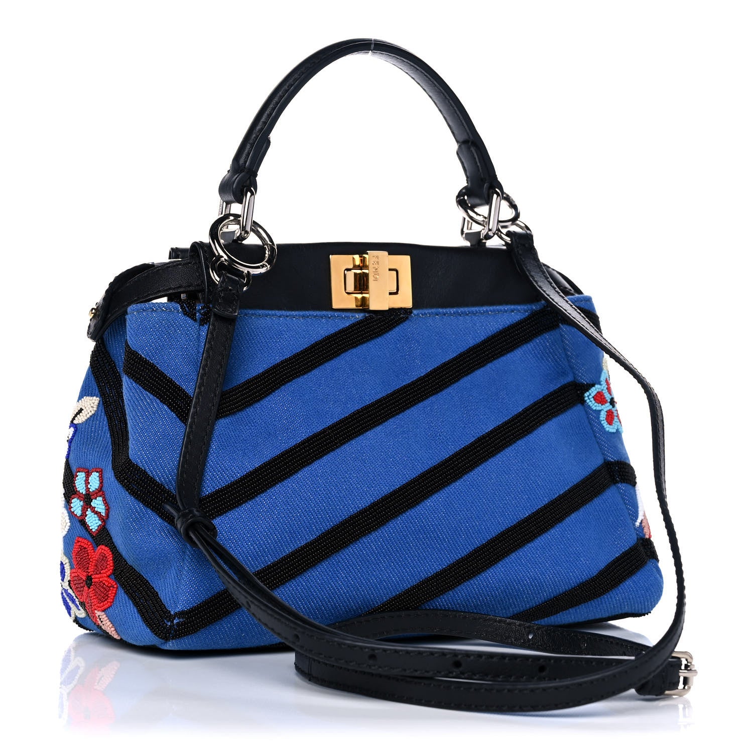 Fendi Denim Beaded QuTweet Mini Peekaboo Iconic Satchel Blue
