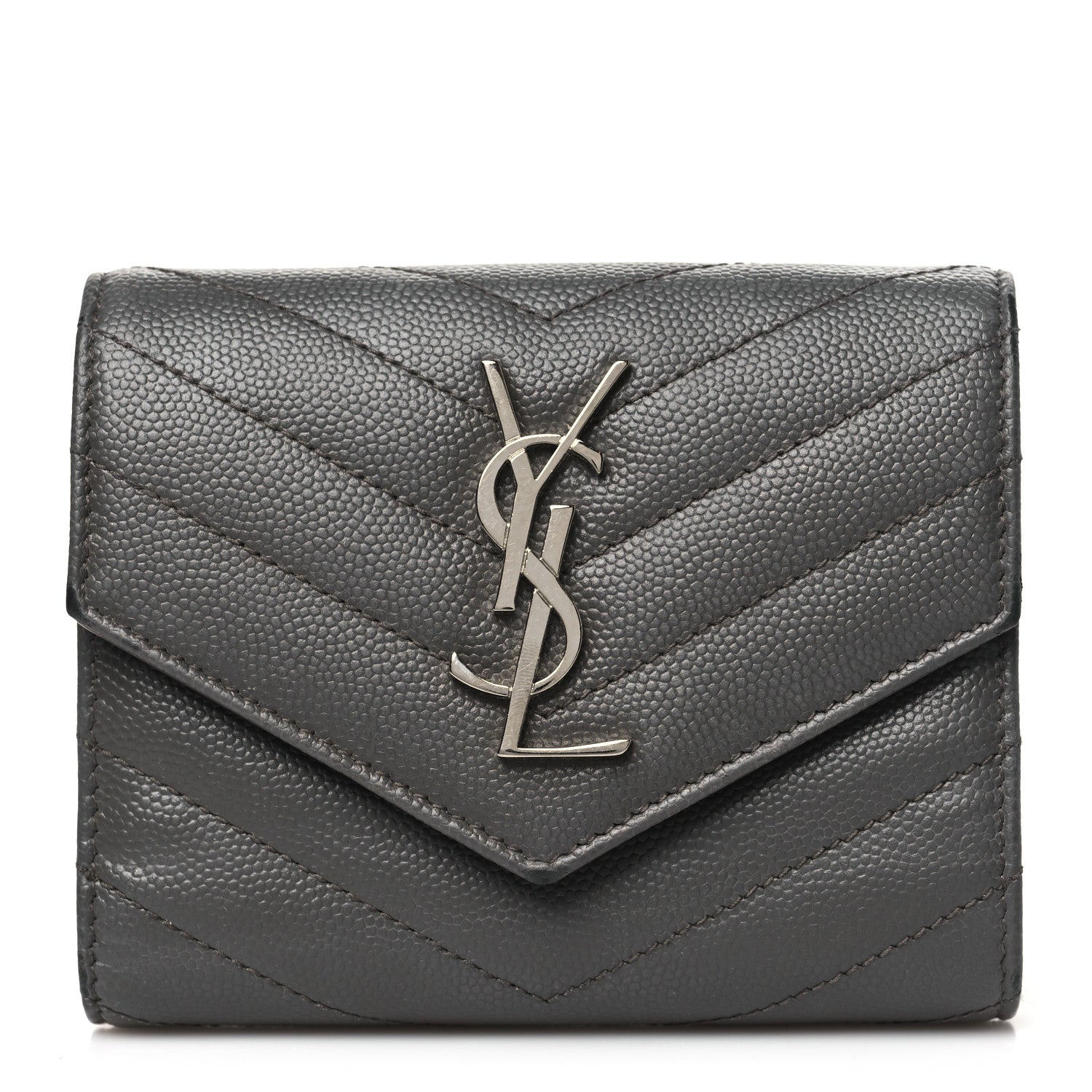 Saint Laurent Grain De Poudre Matelasse Chevron Monogram Compact Tri Fold Wallet Earth 1 of 14