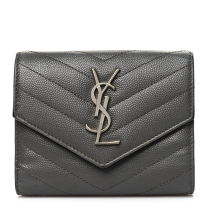 Saint Laurent Grain De Poudre Matelasse Chevron Monogram Compact Tri Fold Wallet Earth 1 of 14