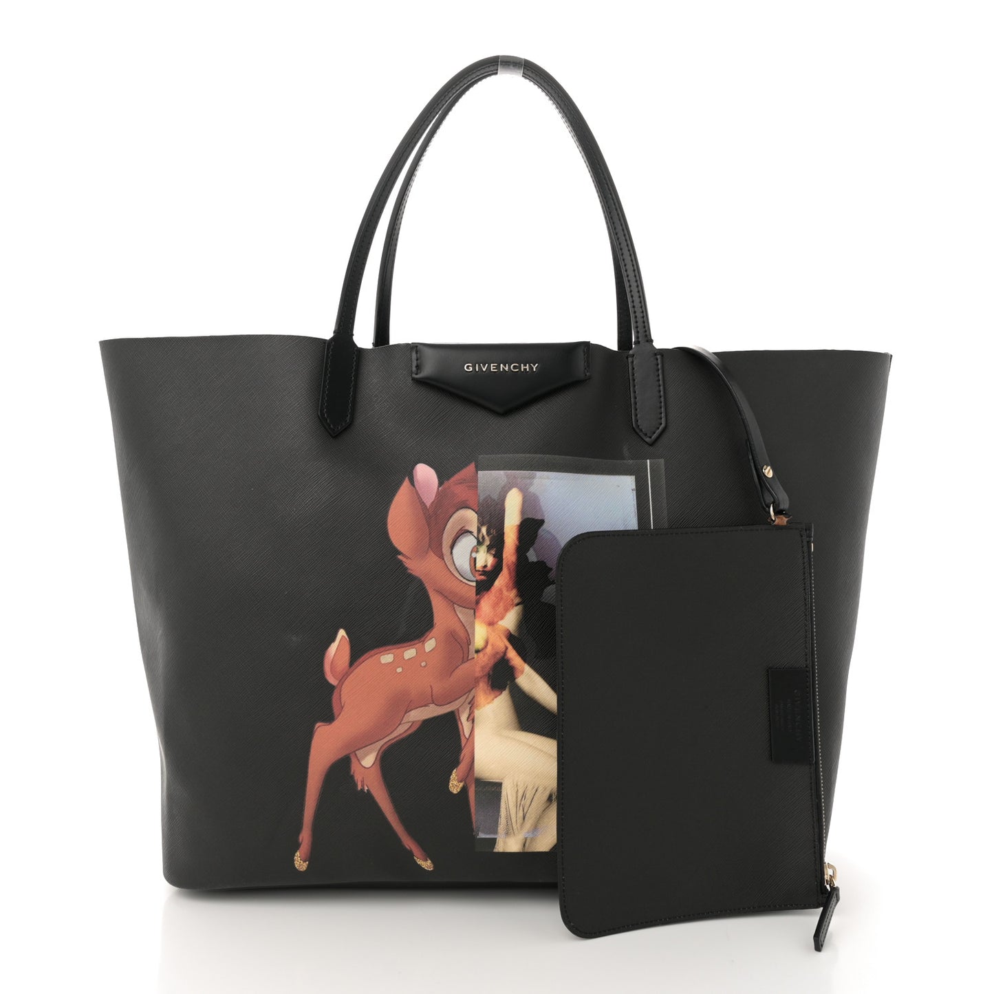 Textured Coated Canvas Bambi Print Large Antigona Tote Black