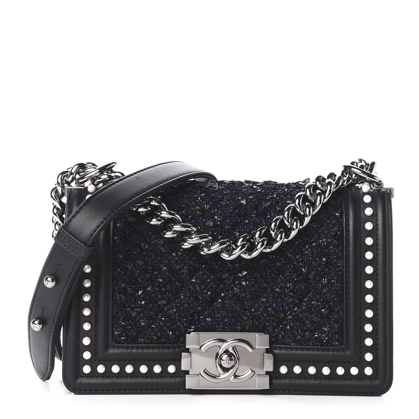 Calfskin Pearl Tweed Small Boy Flap Black