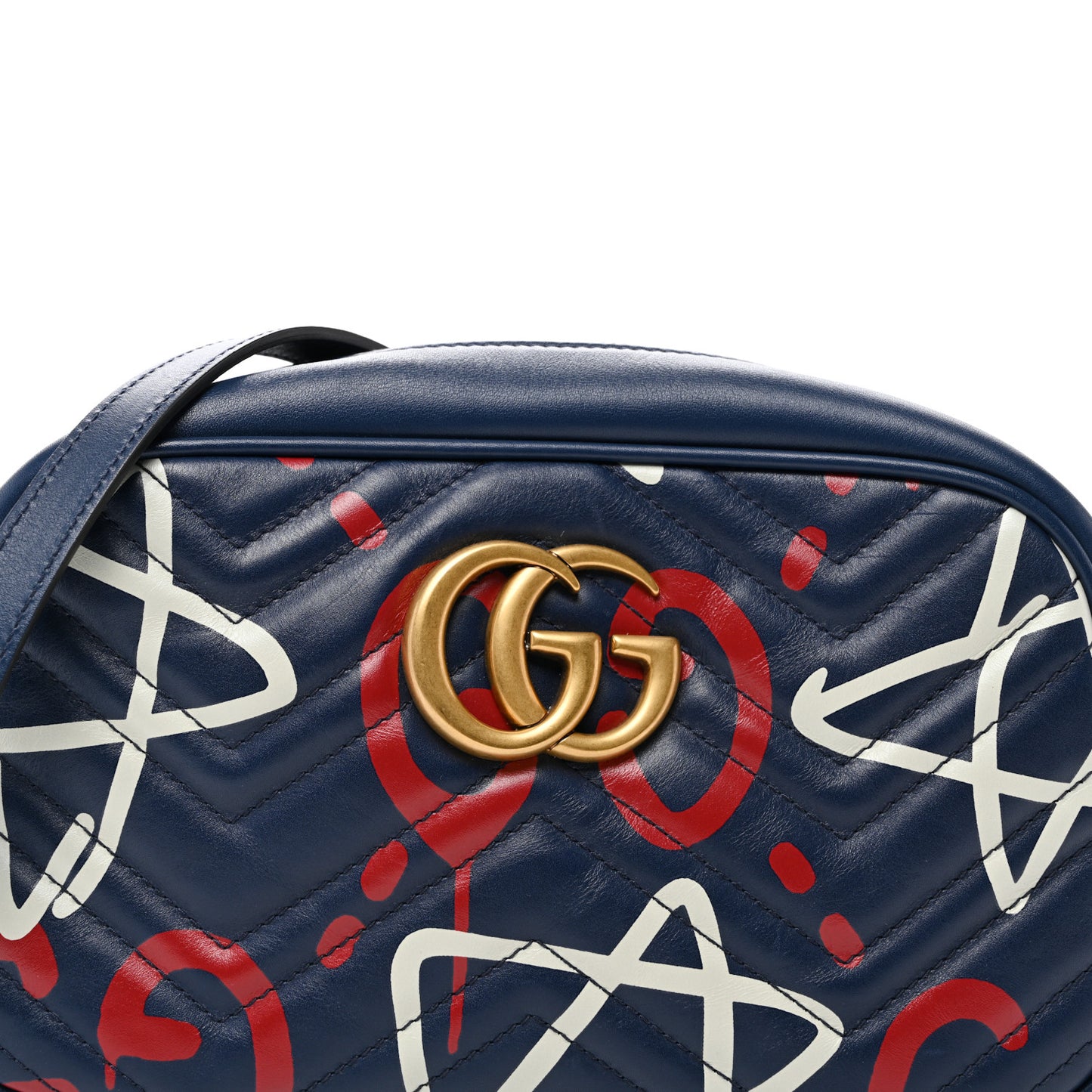 Calfskin Matelasse GucciGhost Small GG Marmont Chain Shoulder Bag Blue Agata Hibiscus Red
