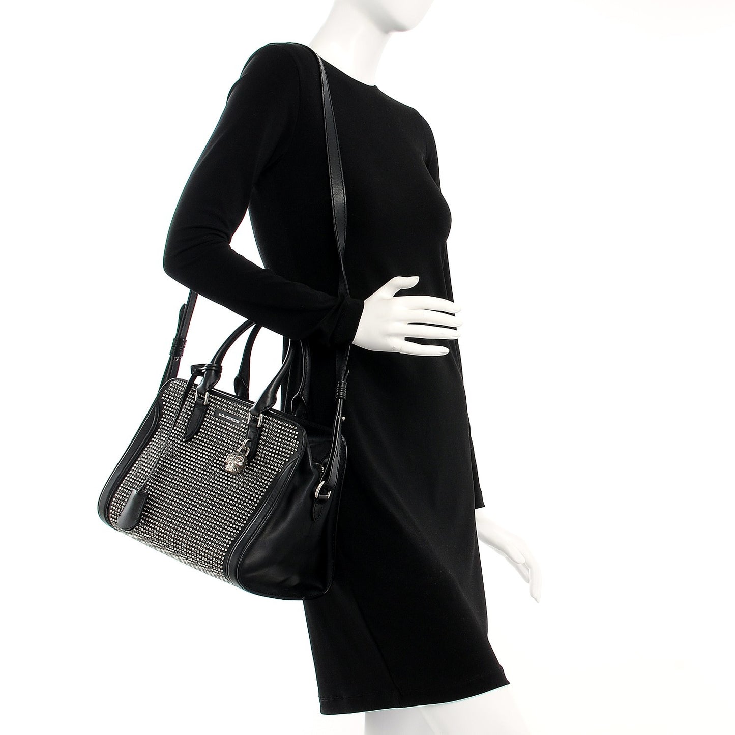 Calfskin Small Studded Padlock Zip Around Tote Black