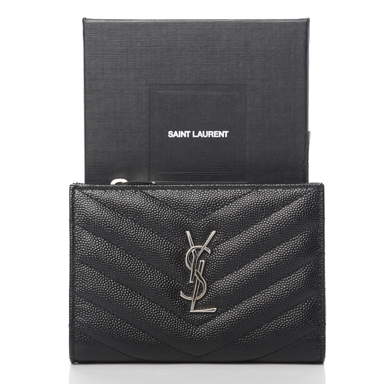 Saint Laurent Grain De Poudre Matelasse Chevron Monogram Zipped Two-Part Wallet Black 9 of 9