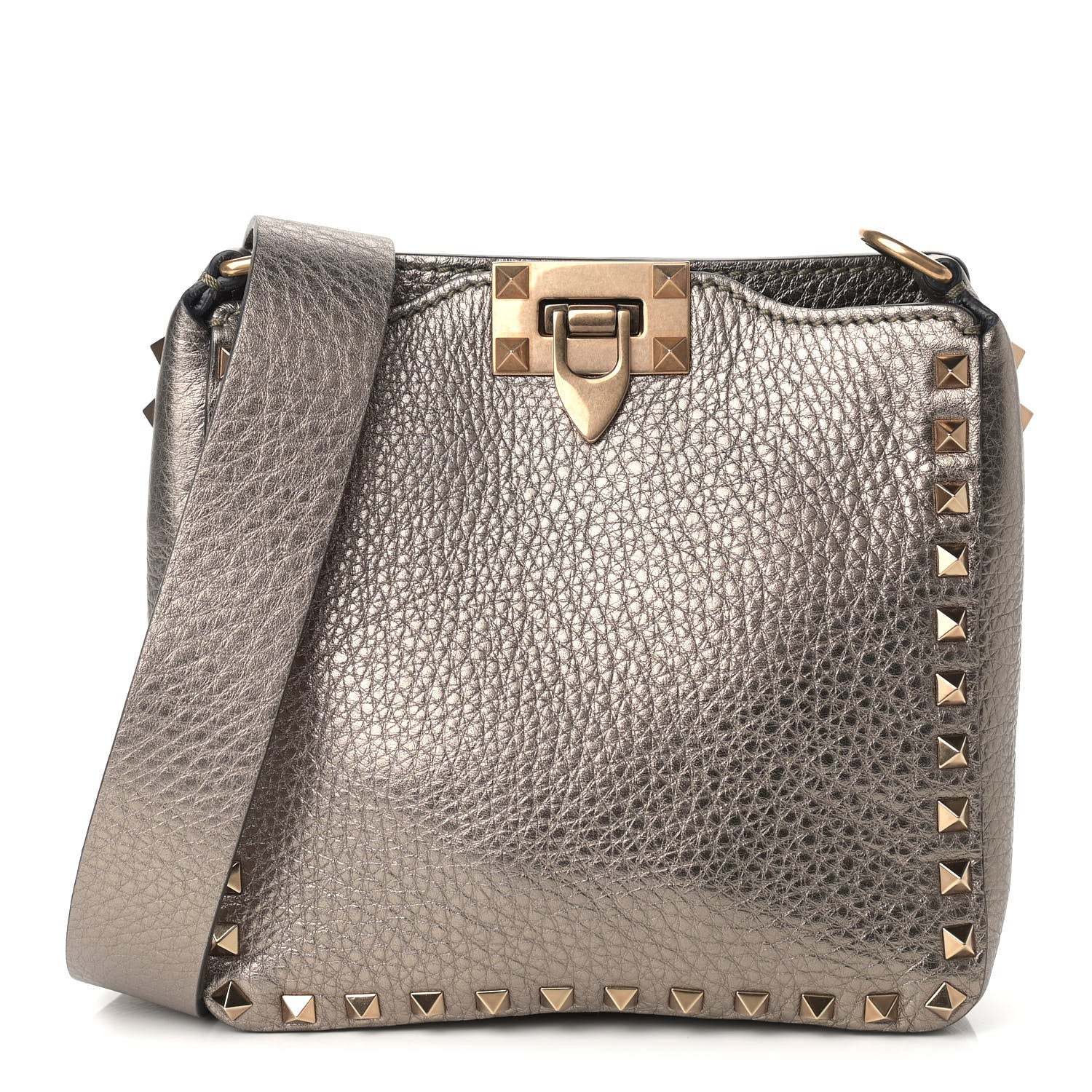 Valentino Garavani Metallic Pebbled Calfskin Mini Rockstud Flip-Lock Messenger Bag Sasso 1 of 8
