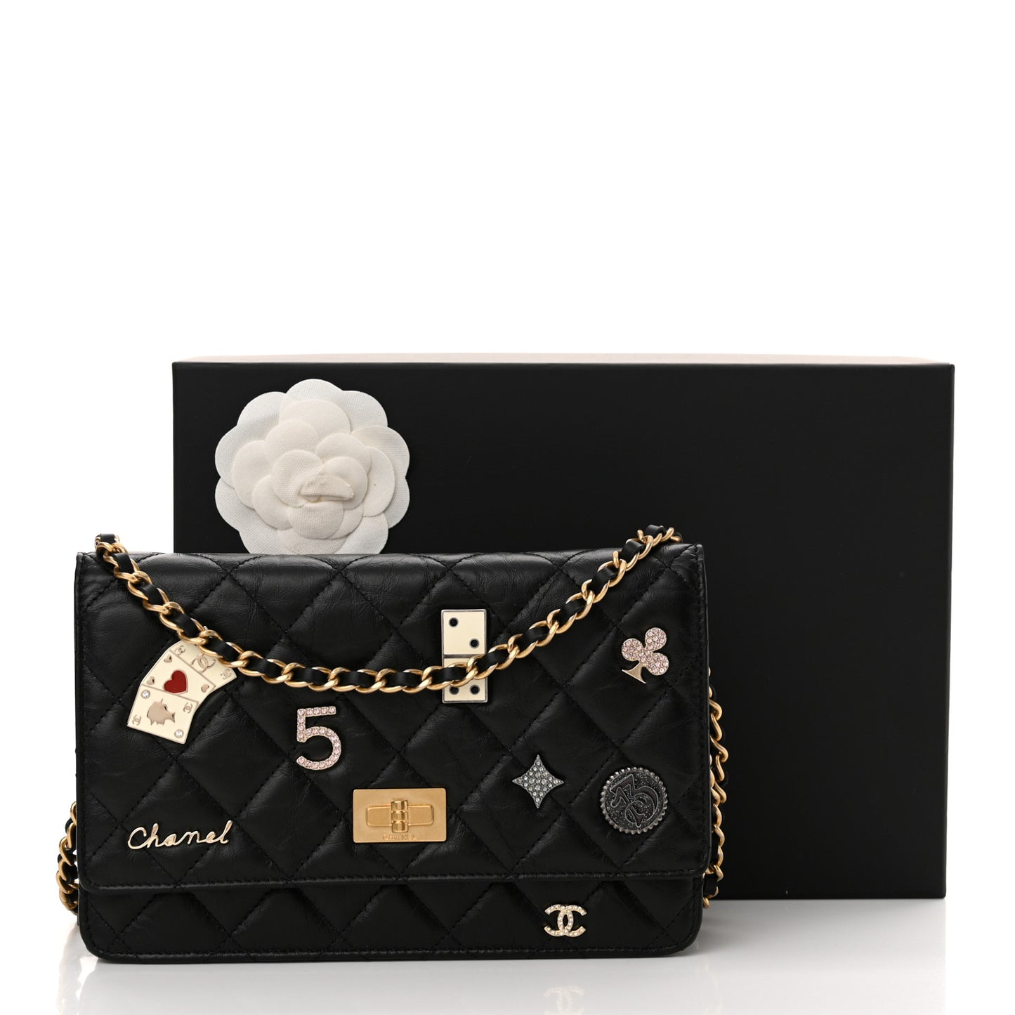 Aged Calfskin Lucky Charms Casino 2.55 Reissue Wallet on Chain WOC Black