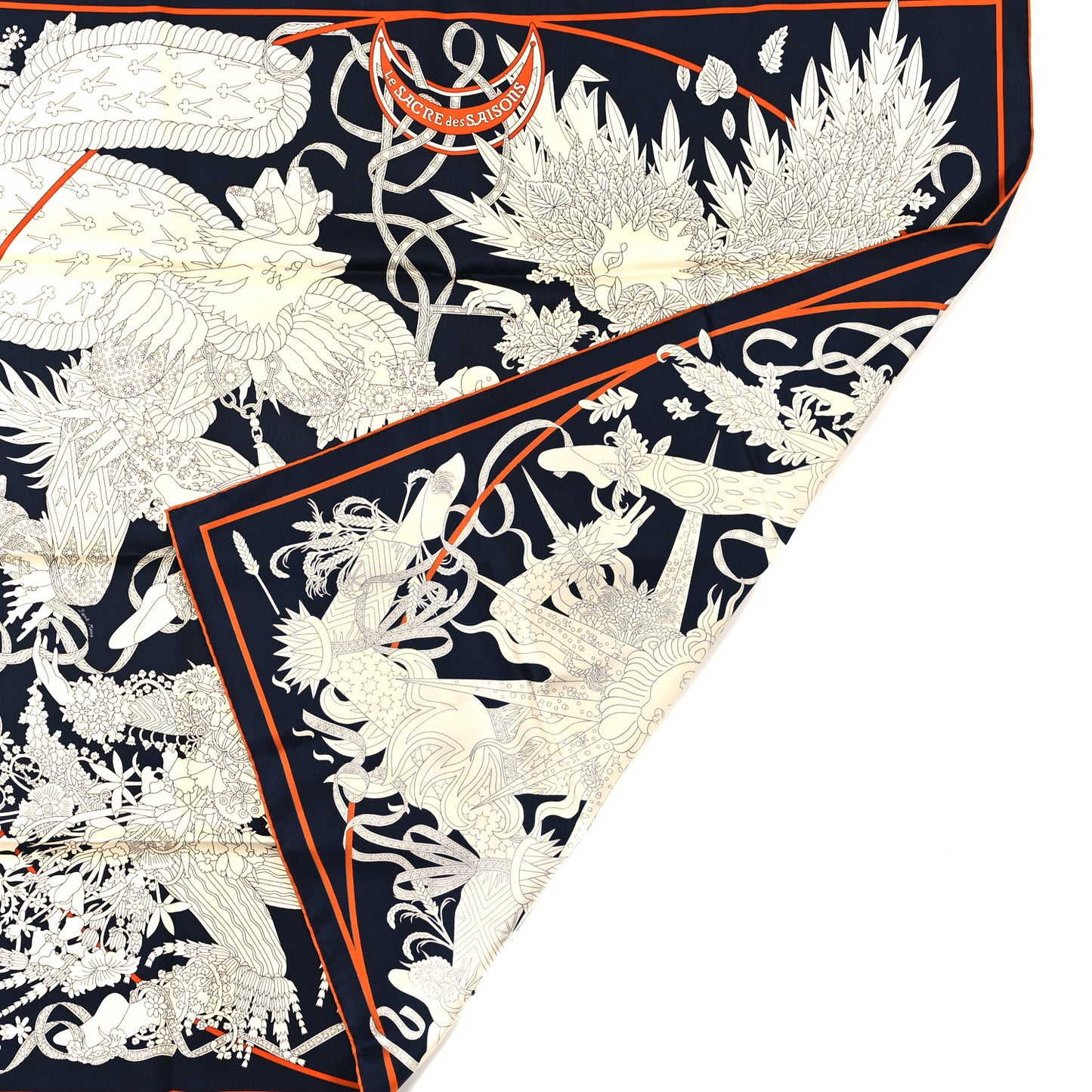 Silk Twill La Sacre Des Saisons Scarf 90 Bleu Black Creme Potiron