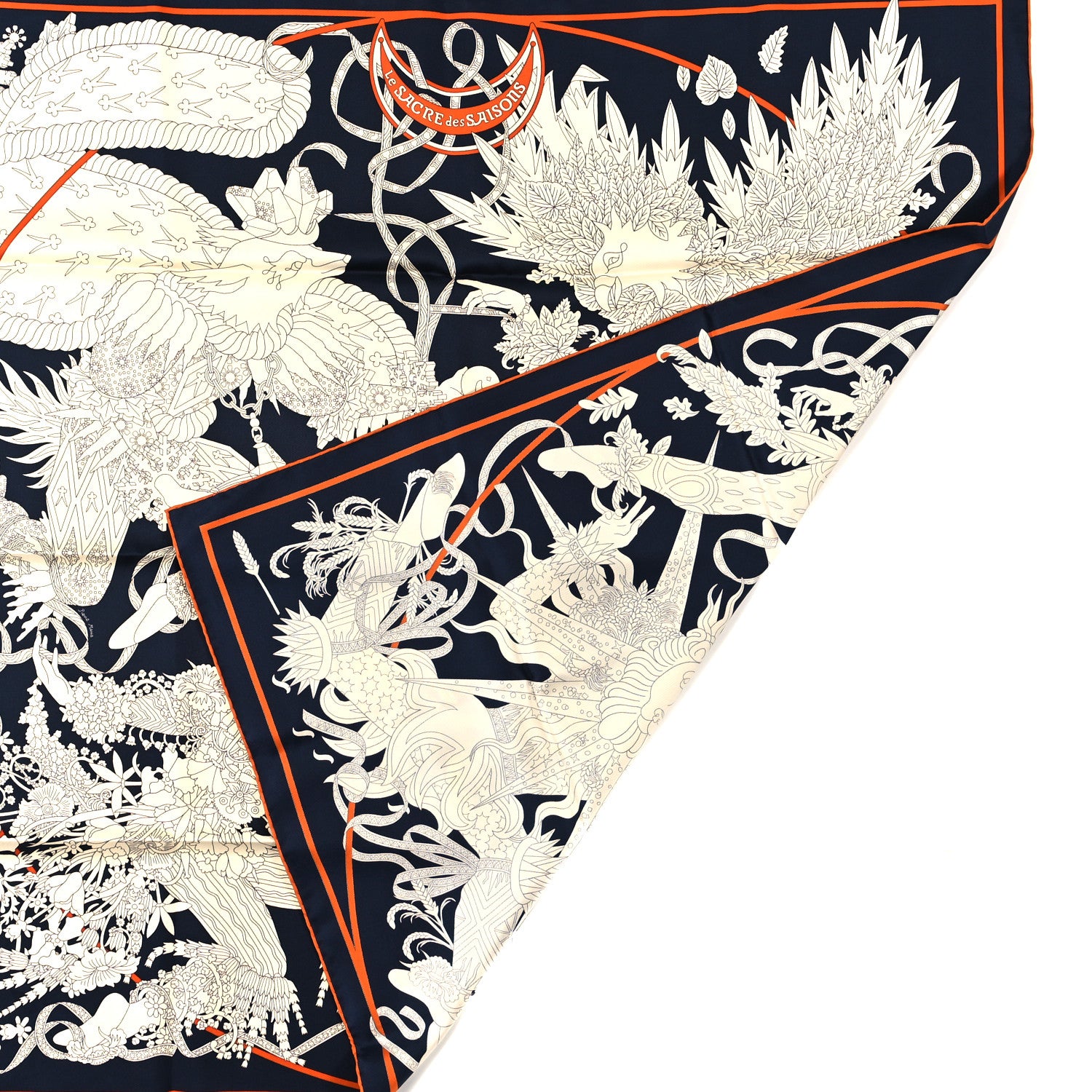 Hermes Silk Twill La Sacre Des Saisons Scarf 90 Bleu Black Creme Potiron 2 of 3
