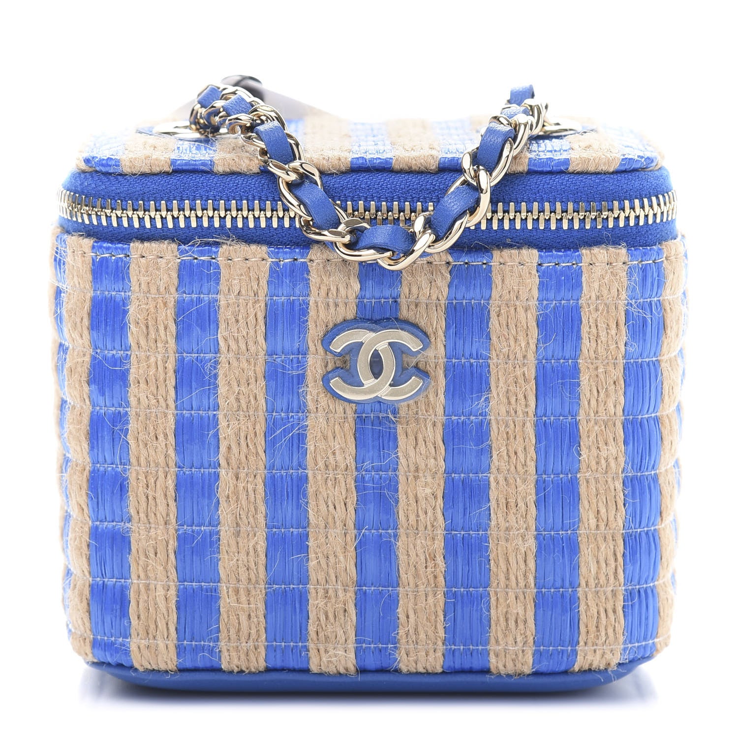 Chanel Raffia Jute Striped Mini Vanity Case With Chain Blue Beige 1 of 12