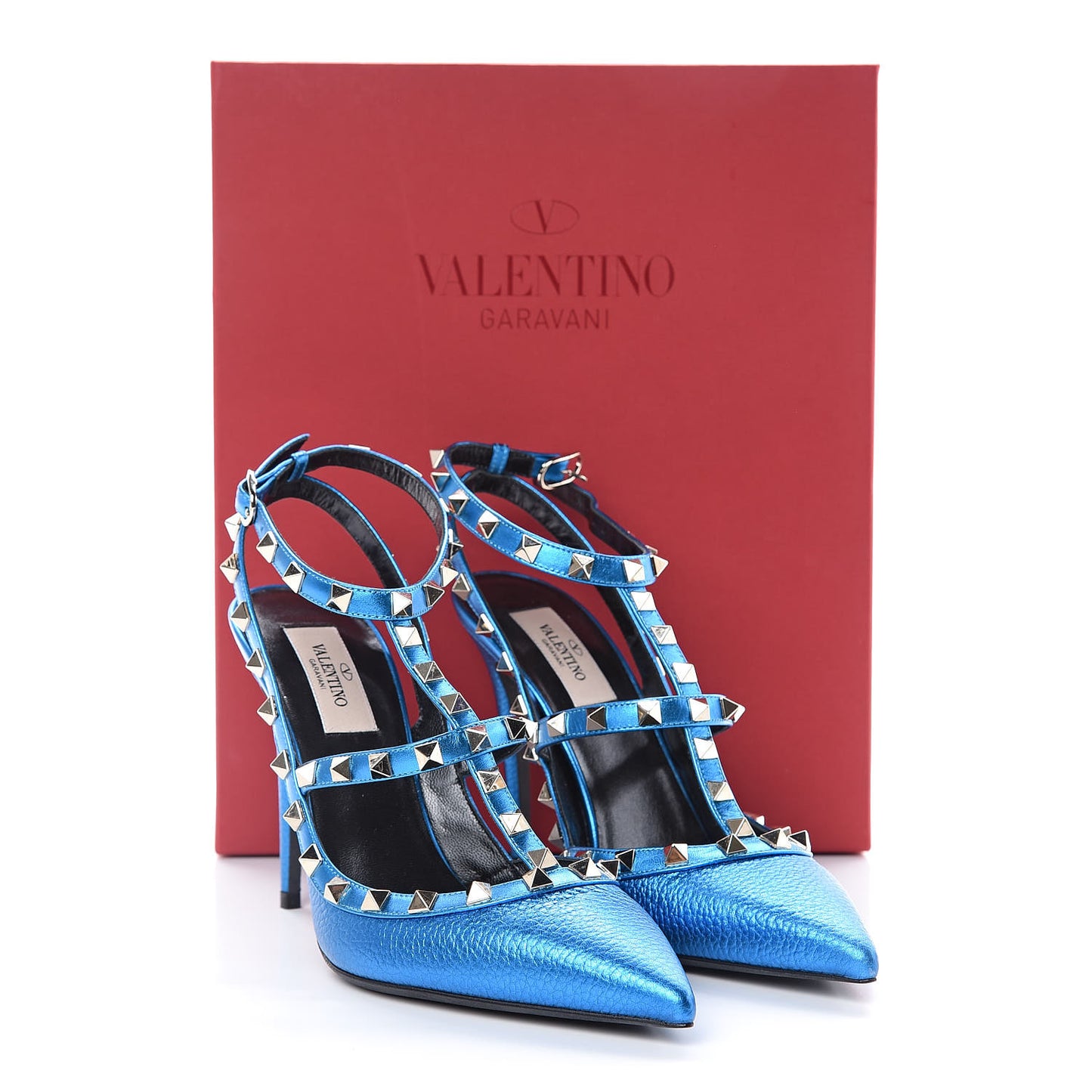 Metallic Pebbled Calfskin Rockstud Ankle Strap 100mm Pumps 39 Light Blue