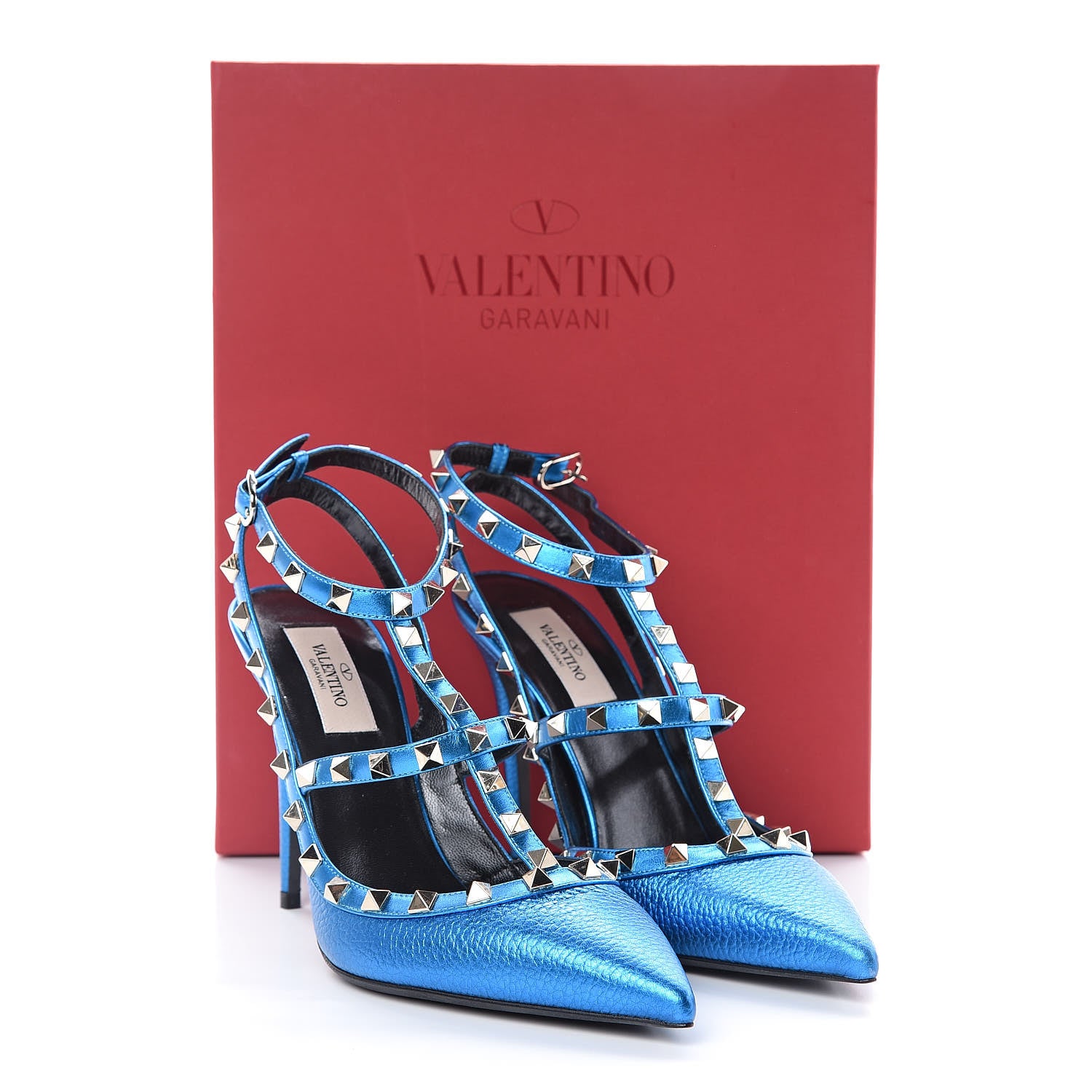 Valentino Garavani Metallic Pebbled Calfskin Rockstud Ankle Strap 100mm Pumps 39 Light Blue 13 of 13