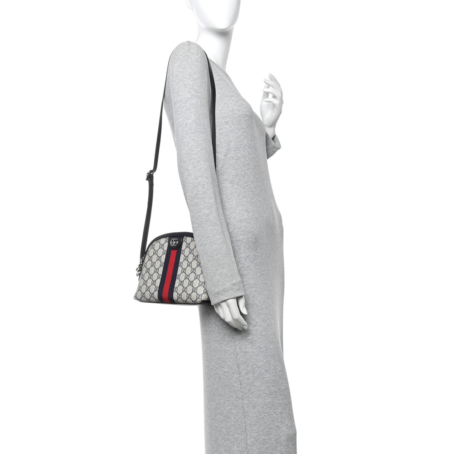 GG Supreme Monogram Textured Dollar Calfskin Web Small Ophidia Dome Shoulder Bag Beige Blue