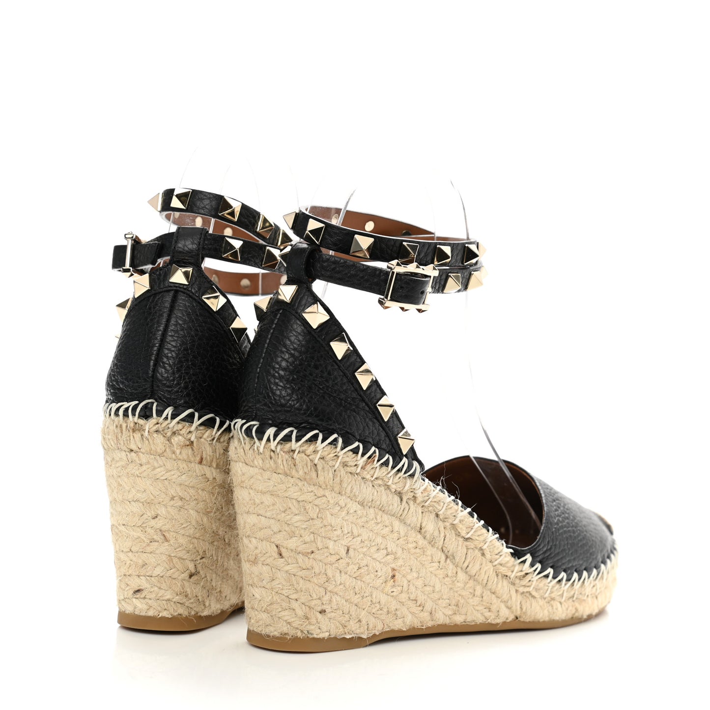 Grained Calfskin Rockstud Ankle Wrap Espadrille 15/85mm Wedges 36 Black Light Cuir
