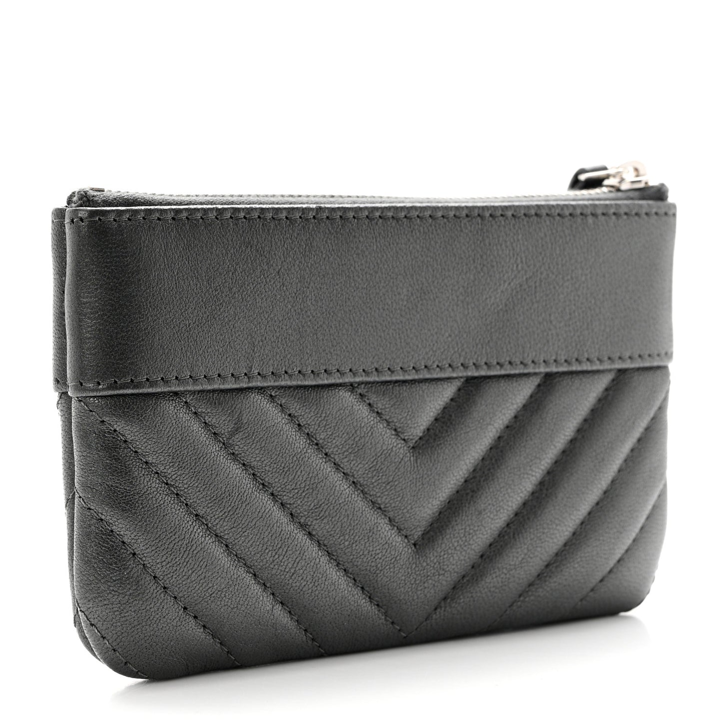 Metallic Sheepskin Chevron Quilted Small Vintage Mademoiselle Cosmetic Case Dark Grey