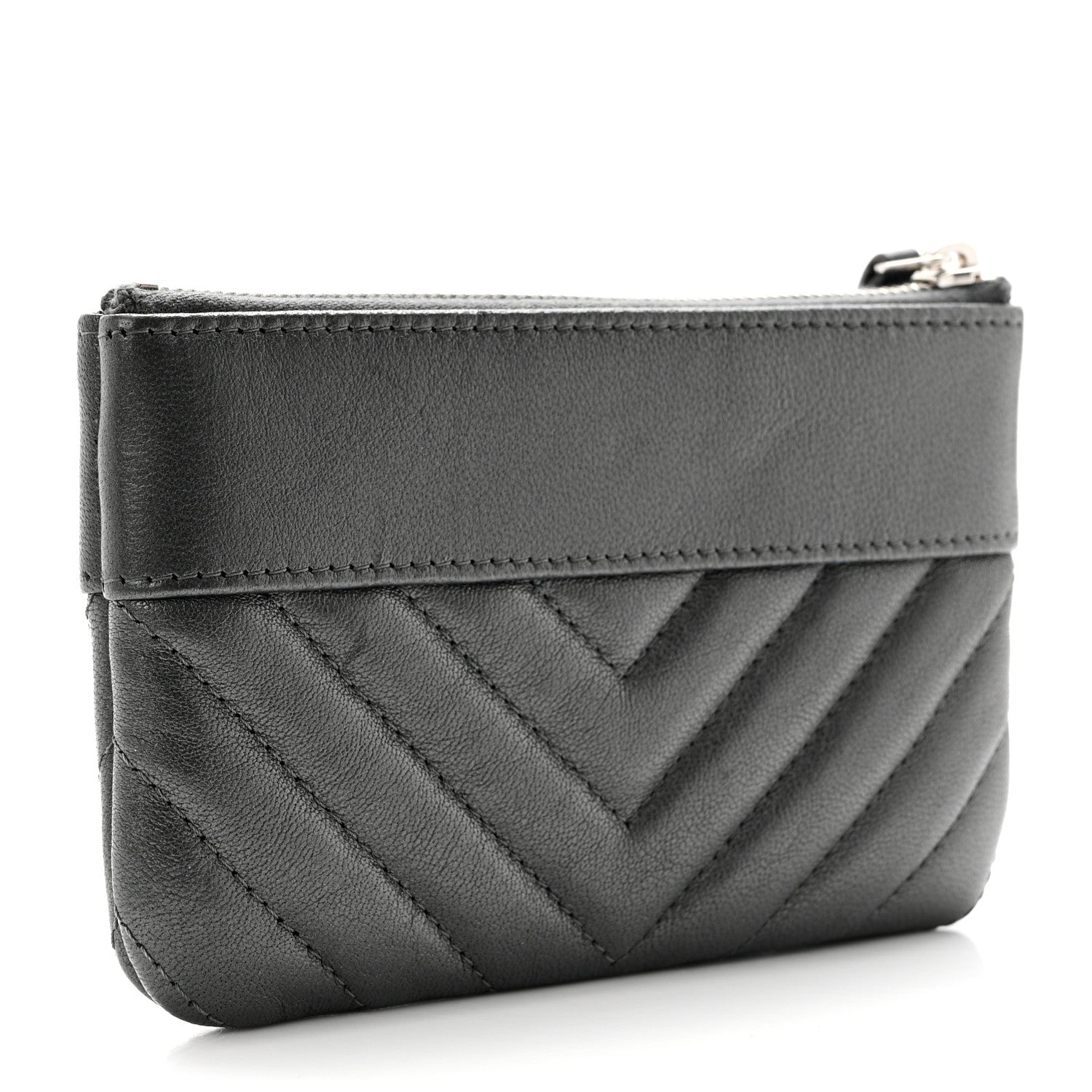 Chanel Metallic Sheepskin Chevron Quilted Small Vintage Mademoiselle Cosmetic Case Dark Grey 3 of 8