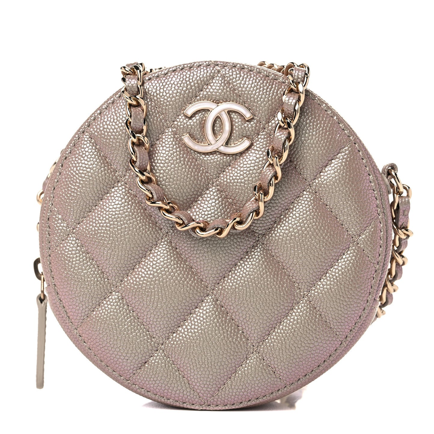 Iridescent Caviar Quilted Round Clutch With Chain Beige