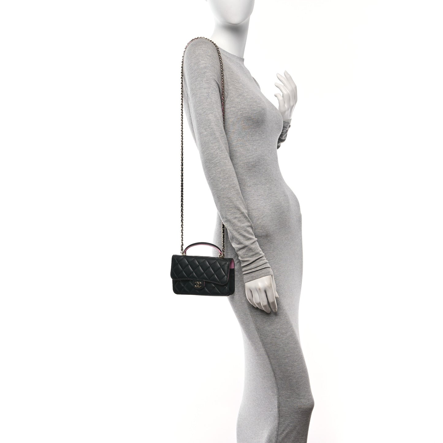 Lambskin Quilted Flap Phone Holder With Chain Black Lilac