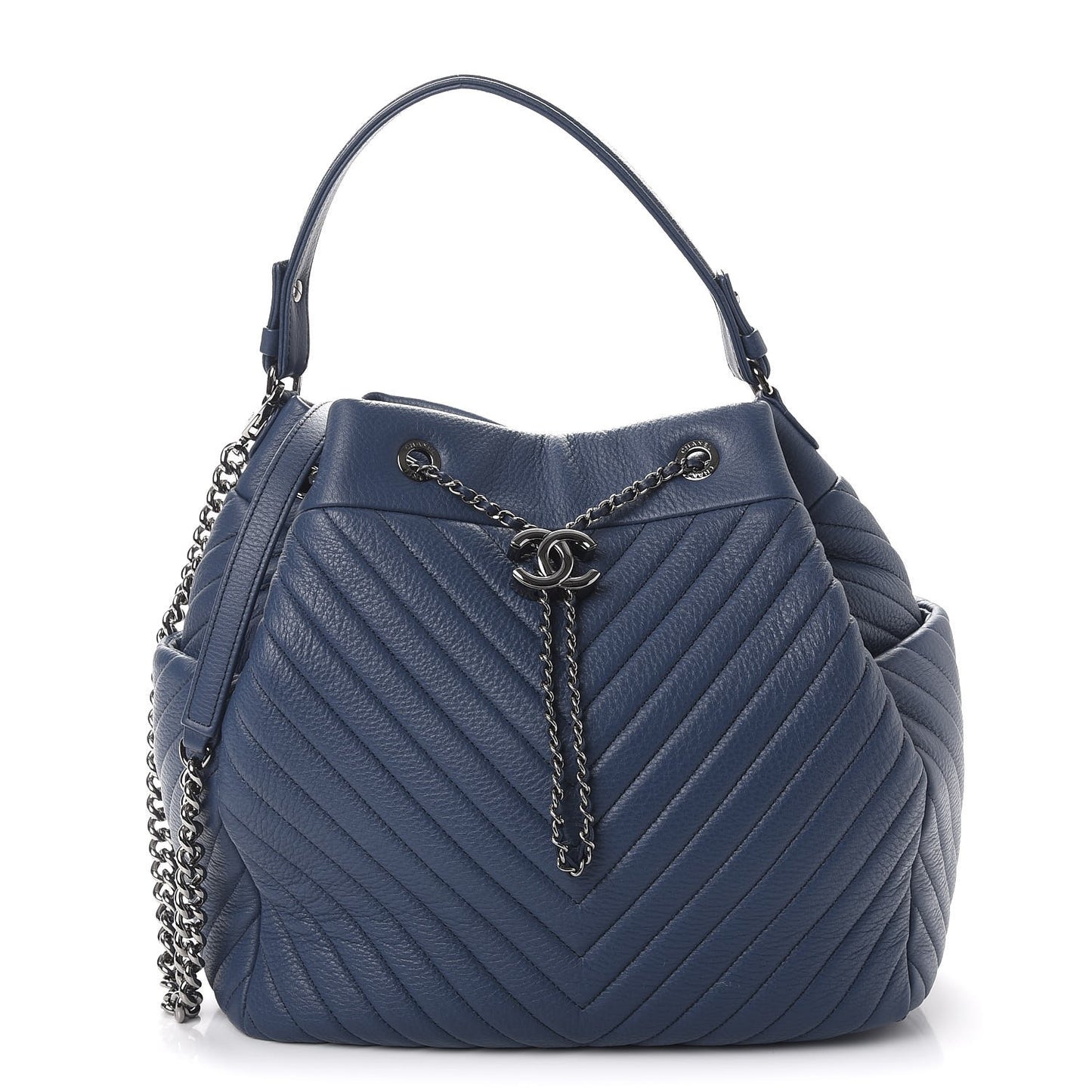 Deerskin Chevron Large CC Chain Bucket Drawstring Bag Blue