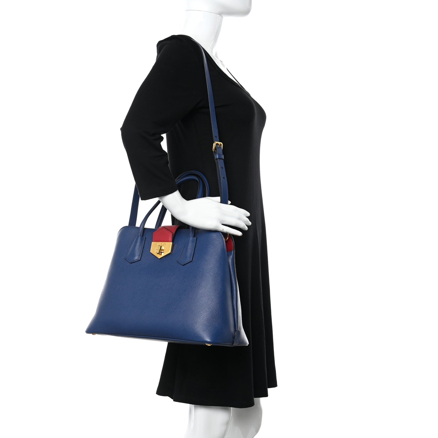 Saffiano Cuir Bi-Color Double Handle Tote Bluette Fuoco