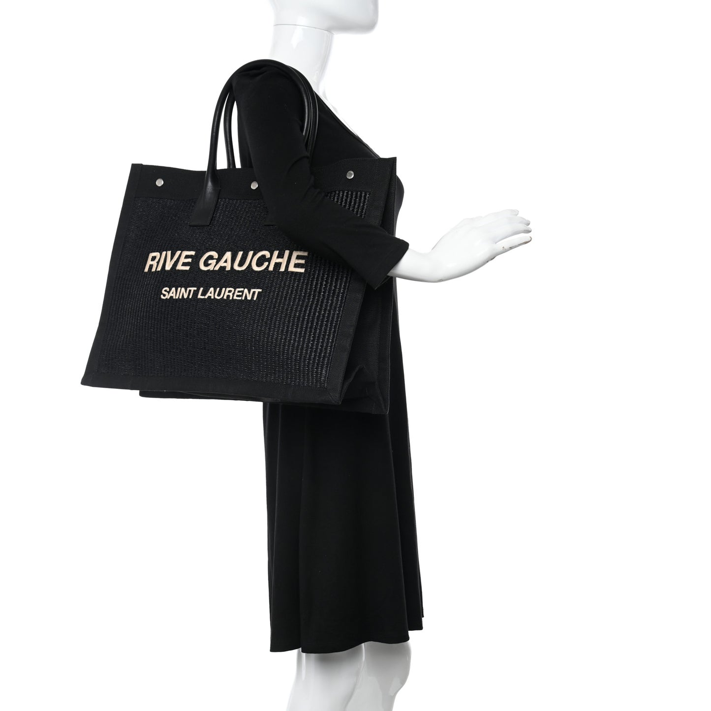 Raffia Linen Calfskin Rive Gauche Tote Black