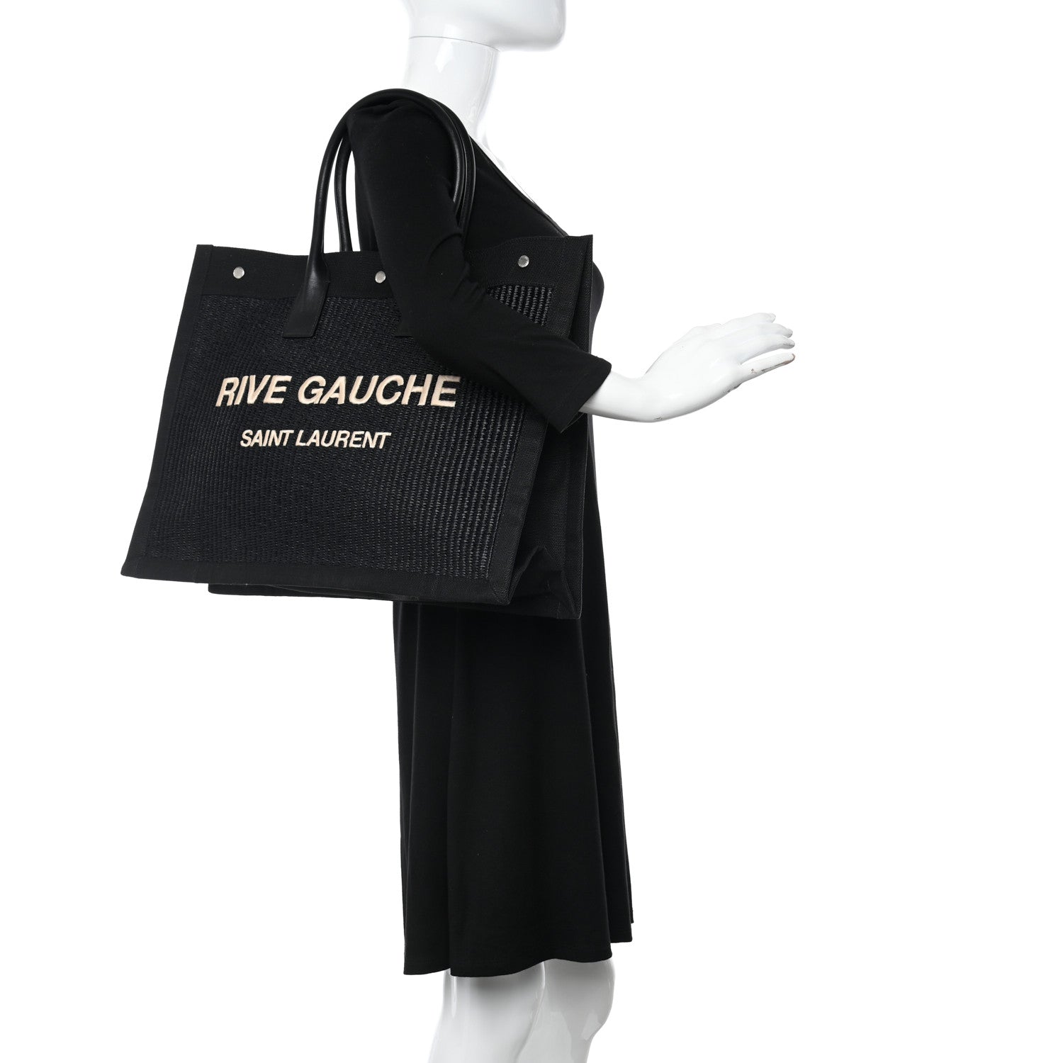 Saint Laurent Raffia Linen Calfskin Rive Gauche Tote Black 2 of 10