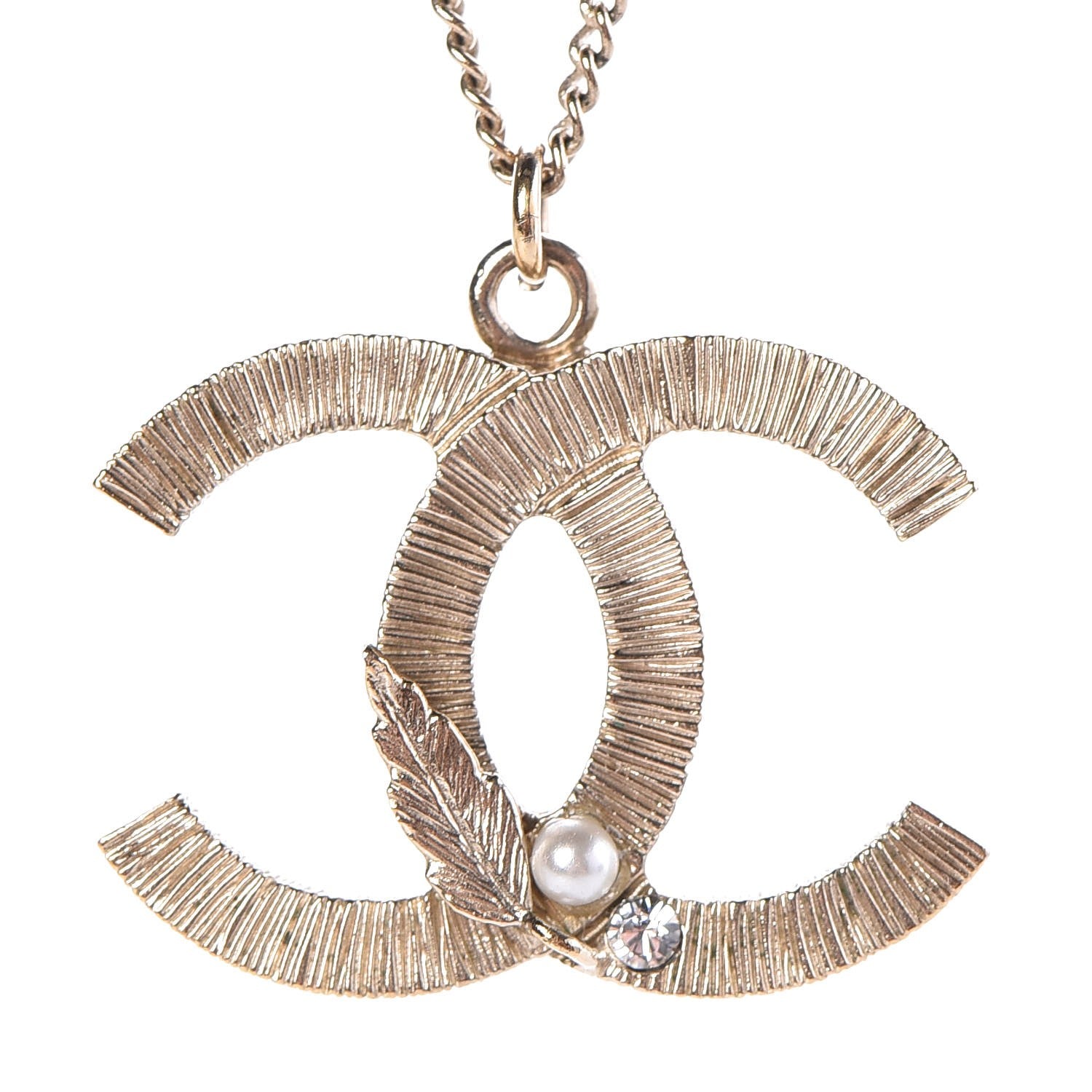 Chanel Pearl Crystal Feather CC Pendant Necklace Gold 3 of 6