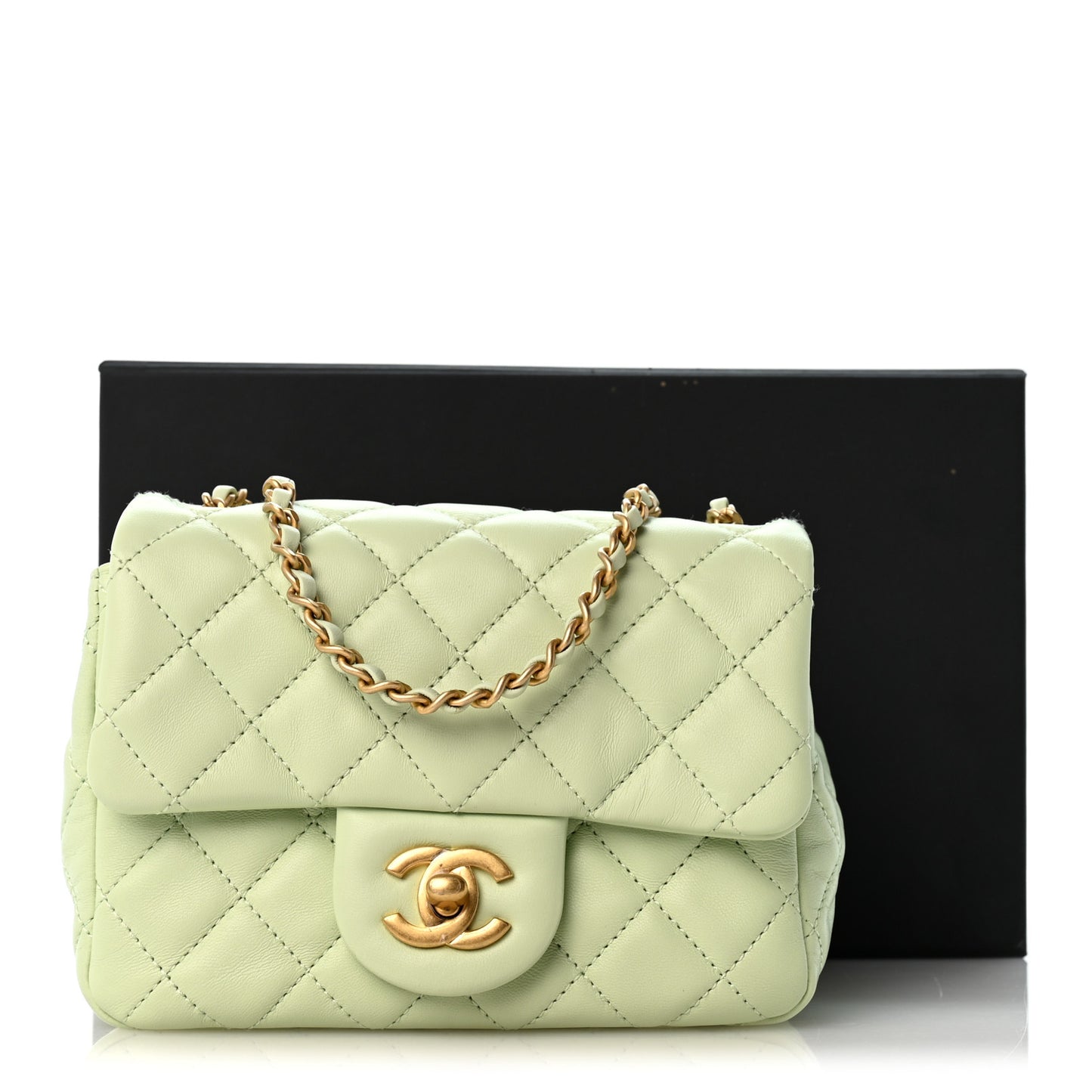 Lambskin Quilted Mini Pearl Crush Flap Light Green