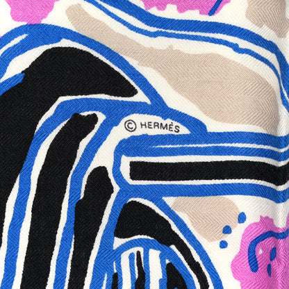 Hermes Cashmere Silk Rayures d'Ete Shawl 140 White Bleu Royal Multicolore 2 of 4