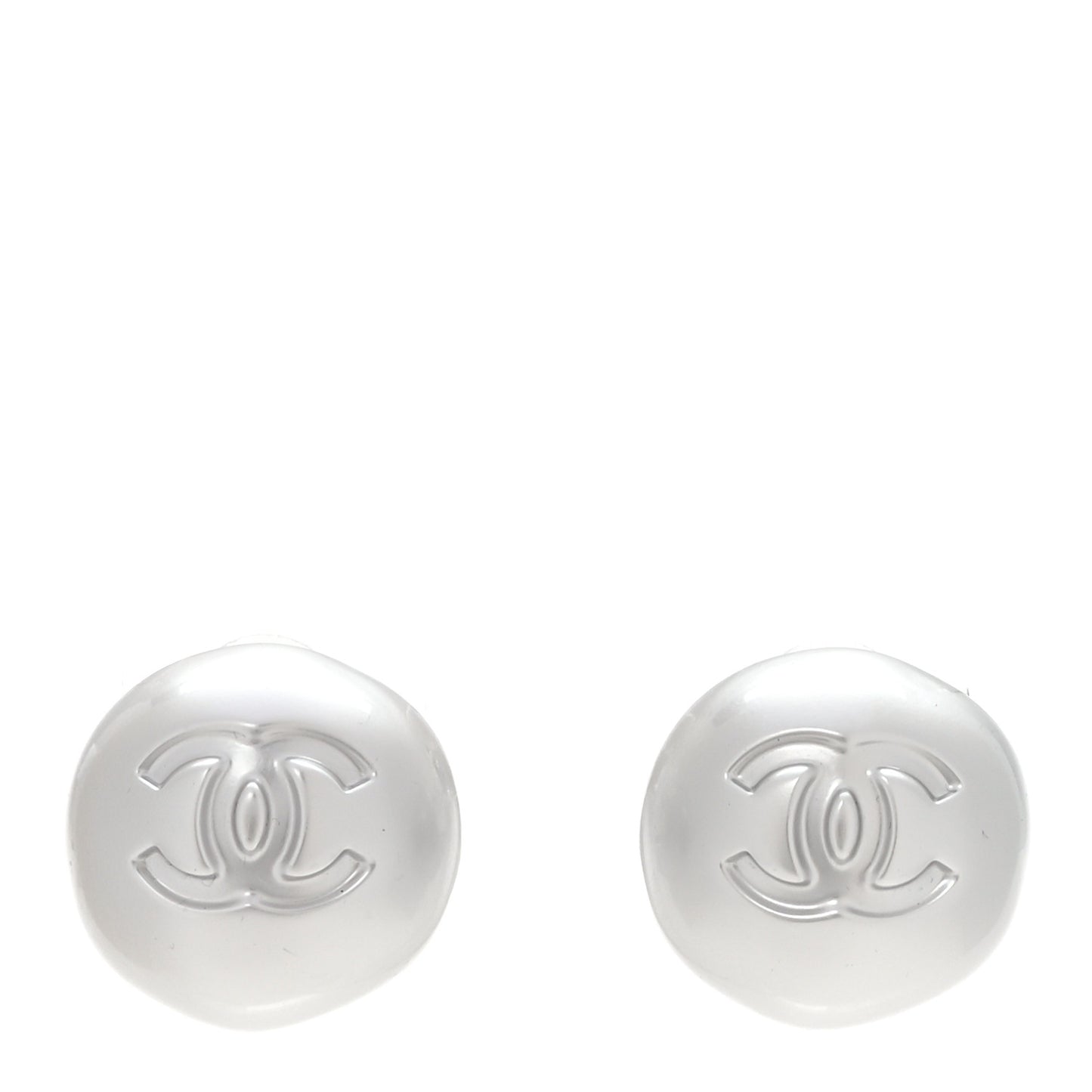 Resin Metal CC Stud Earrings Silver Pearly White