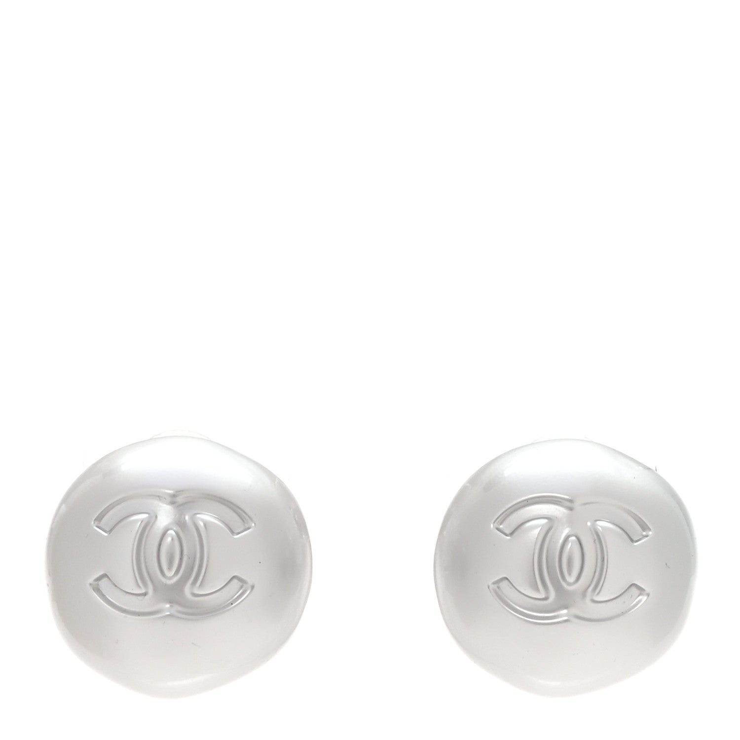 Chanel Resin Metal CC Stud Earrings Silver Pearly White 1 of 5