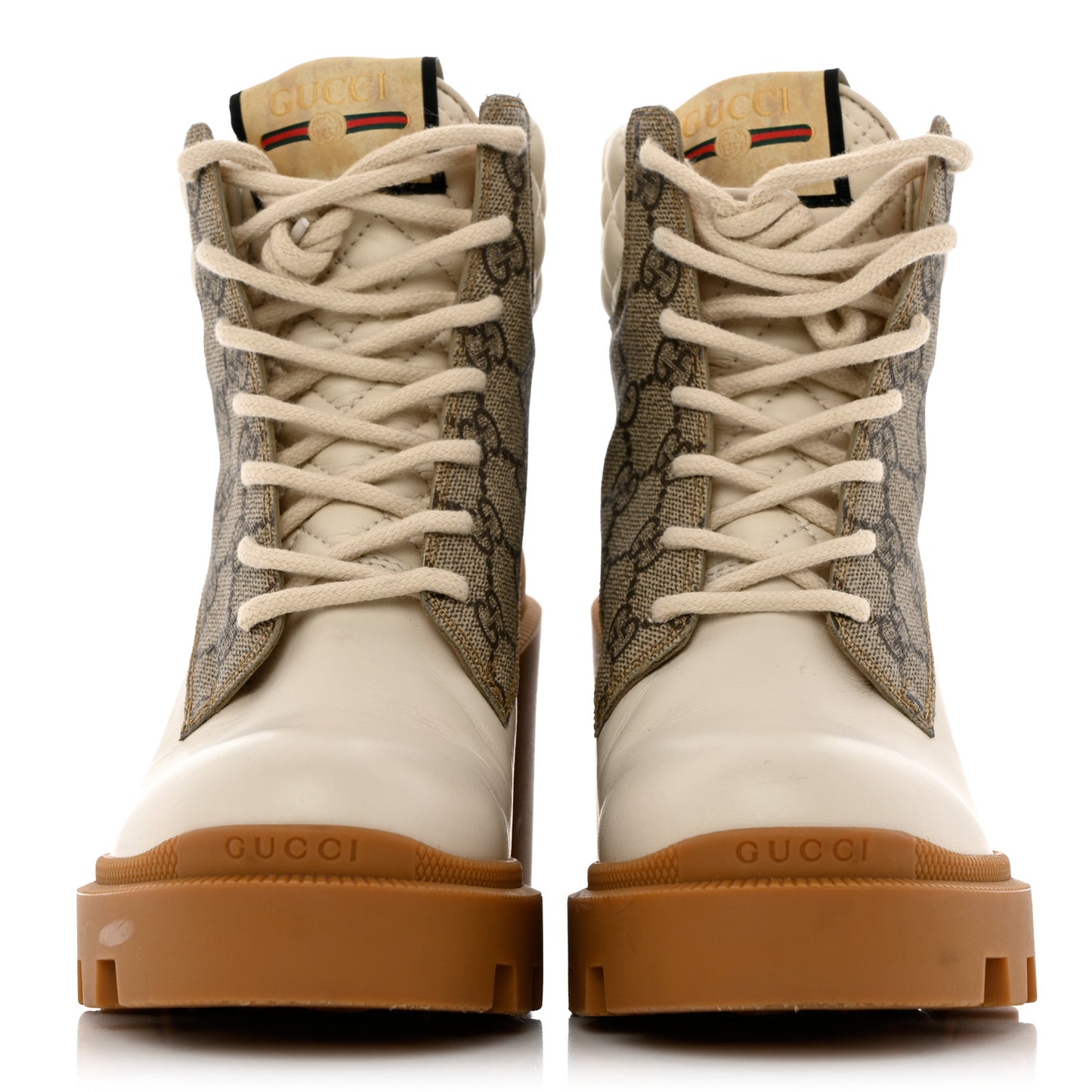 Calfskin GG Supreme Monogram Nappa Quilted Lace Up Ankle Boots 36.5 Mystic White Beige