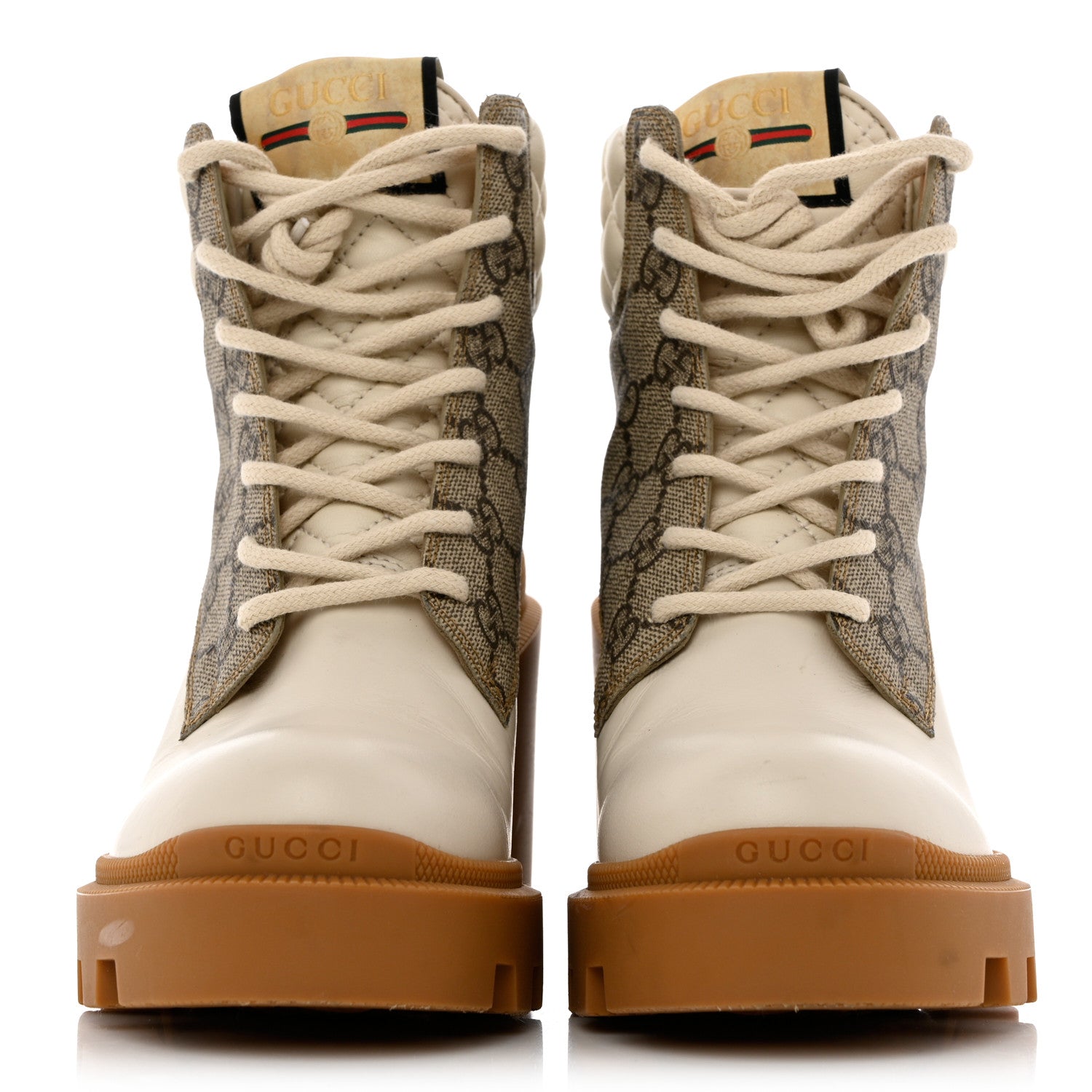 Gucci Calfskin GG Supreme Monogram Nappa Quilted Lace Up Ankle Boots 36.5 Mystic White Beige 2 of 10
