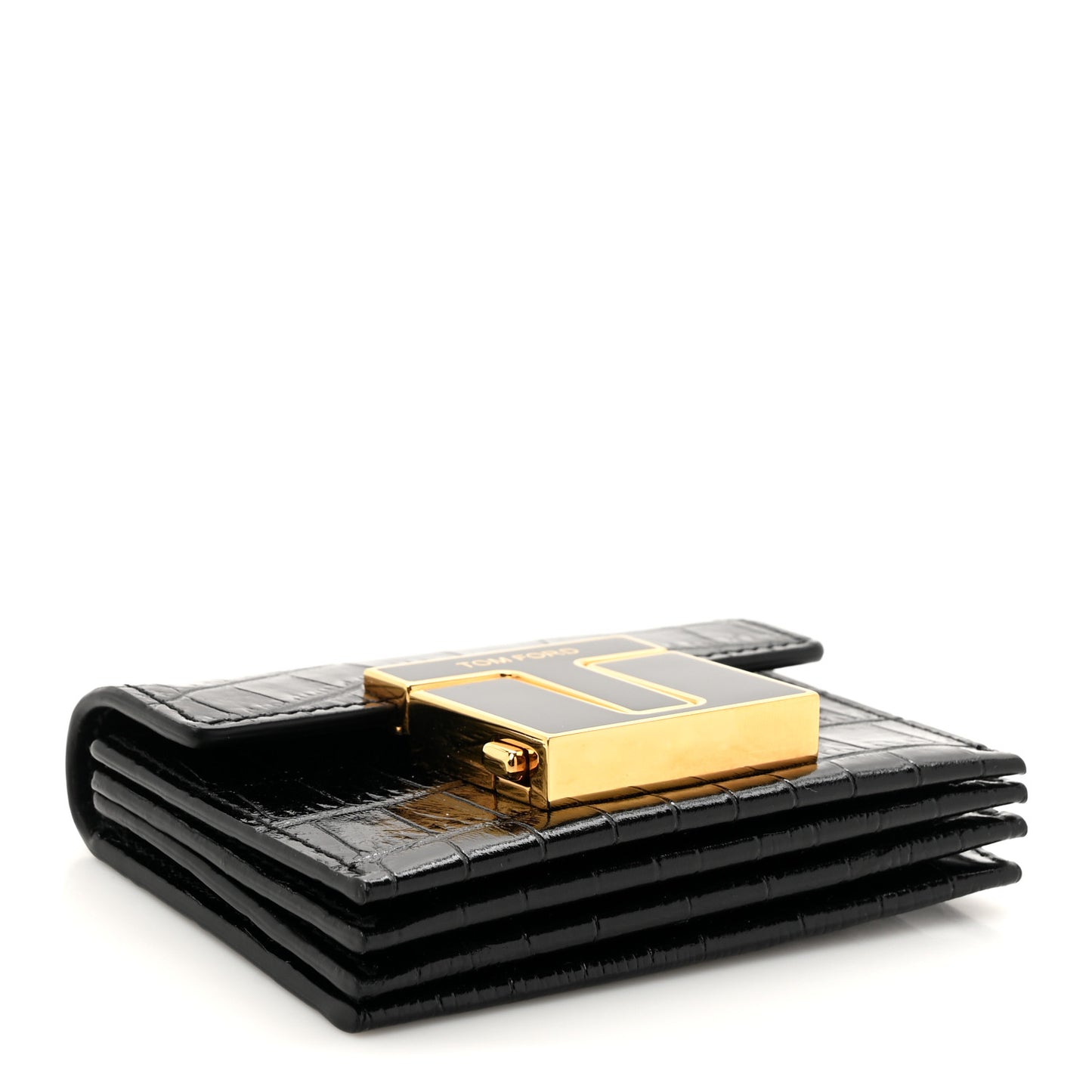 Calfskin Crocodile Embossed Mini T Clasp Accordion Wallet With Strap Black