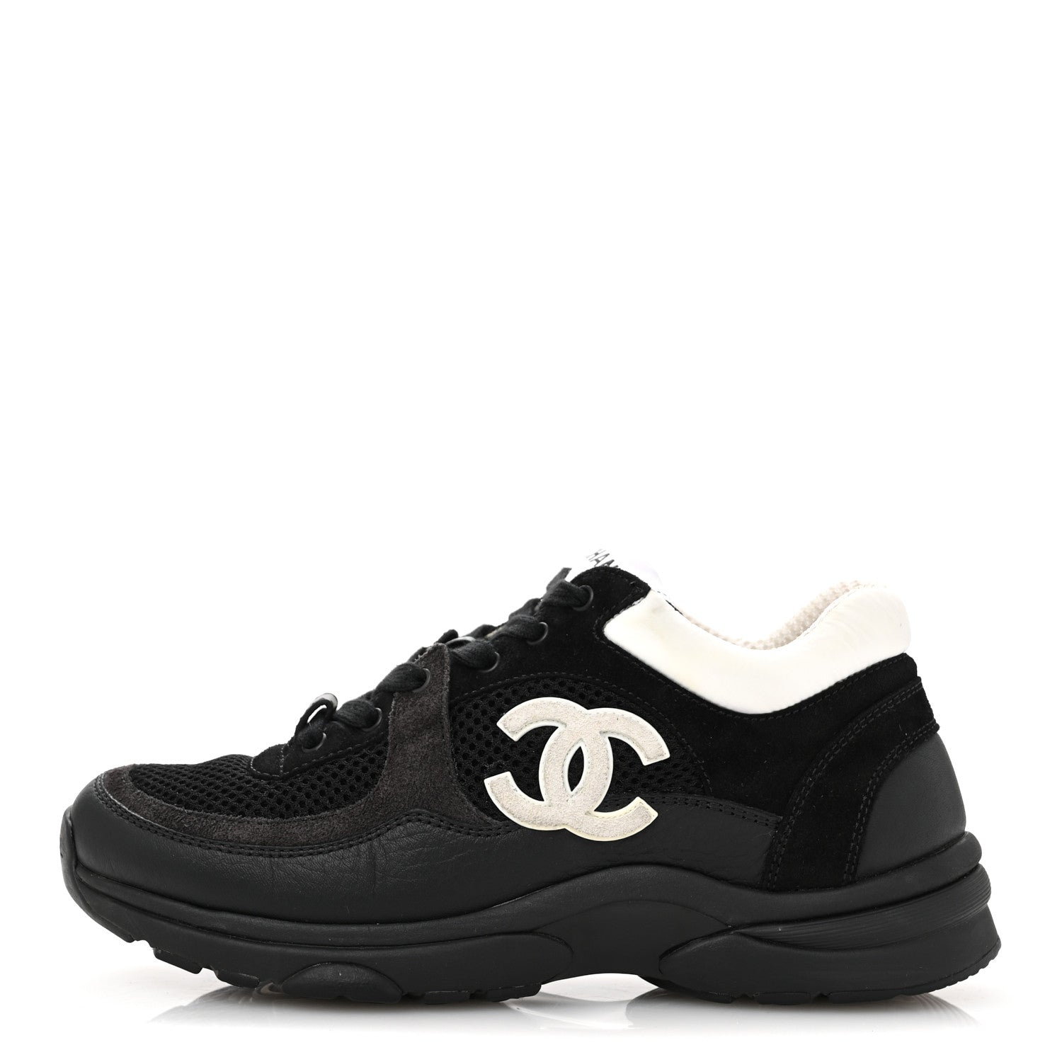 Chanel Mesh Suede Grained Calfskin Womens CC Sneakers 36 Black White 1 of 10