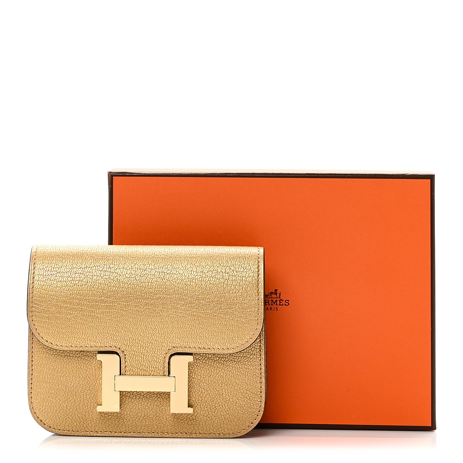Hermes Metallic Chevre Chamkilight Constance Slim Wallet Dore