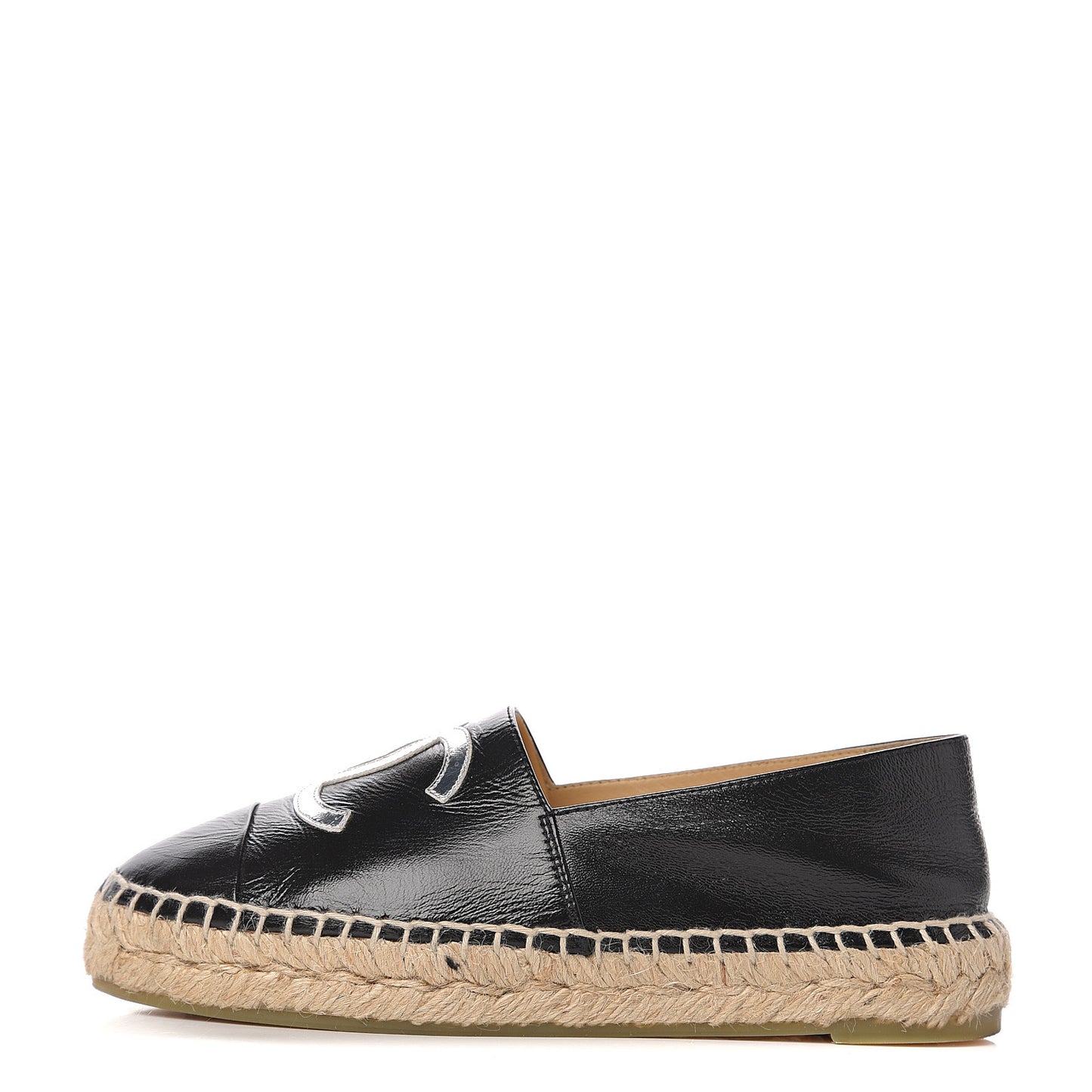 Patent Calfskin Metallic Goatskin CC Espadrilles 35 Black Silver