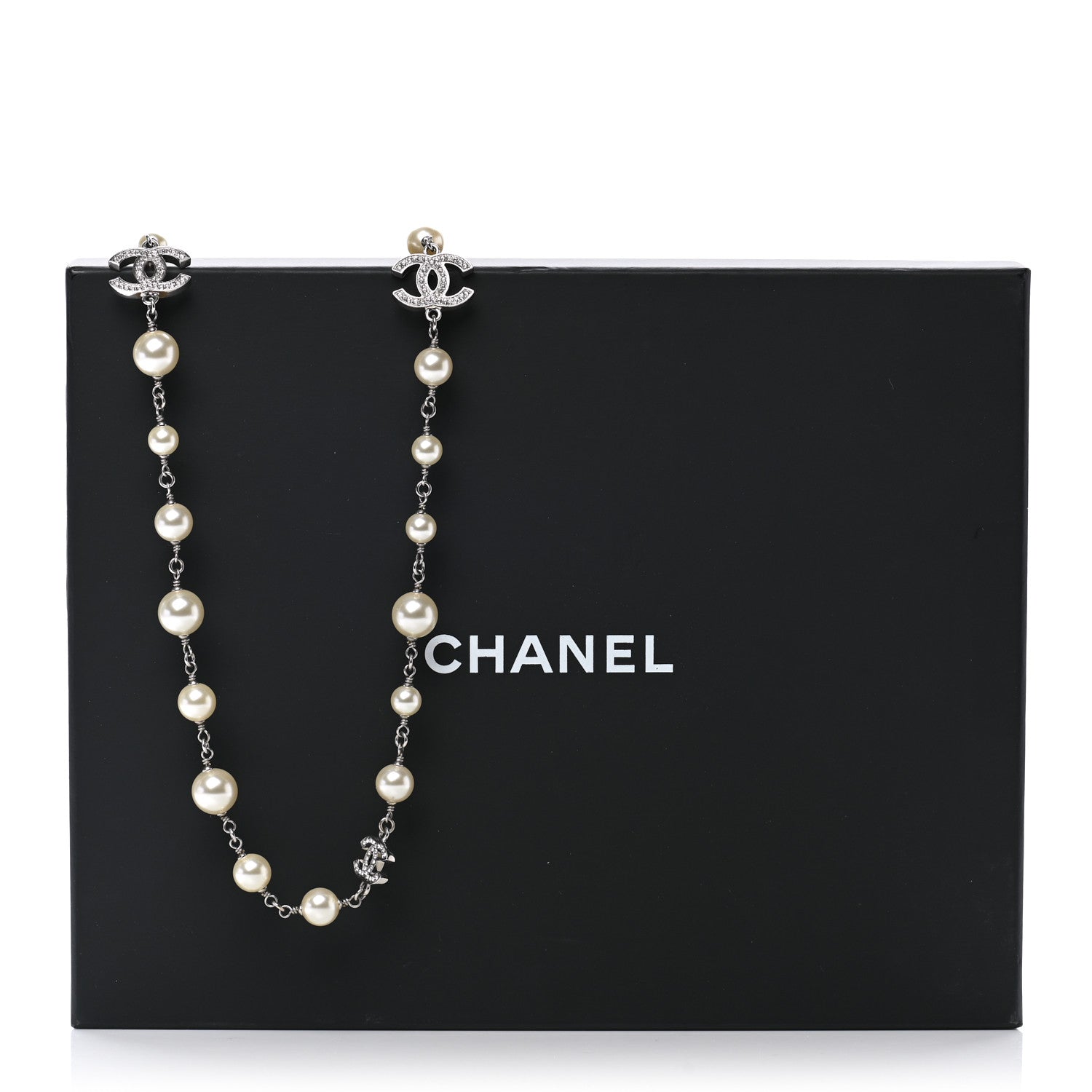 Chanel Graduated Pearl Crystal CC Long Necklace Silver 7 of 7