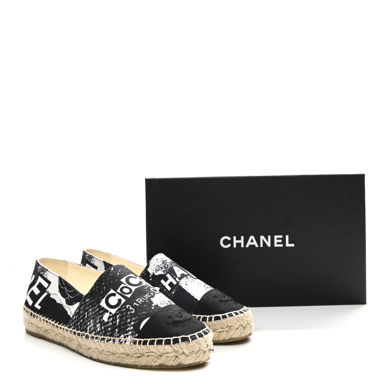 Chanel Printed Canvas Grosgrain 31 Rue Cambon Espadrilles 38 Black White 10 of 10