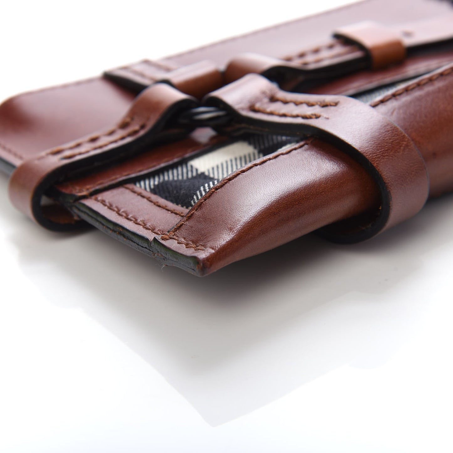 Bridle Calfskin House Check Zip Pouch Dark Tan