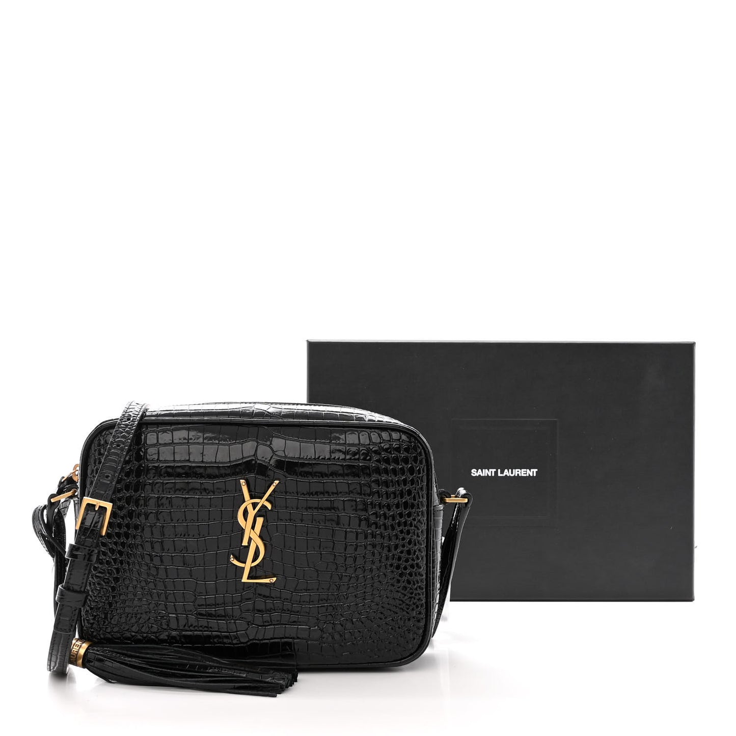 Patent Calfskin Crocodile Embossed Monogram Lou Camera Bag Black