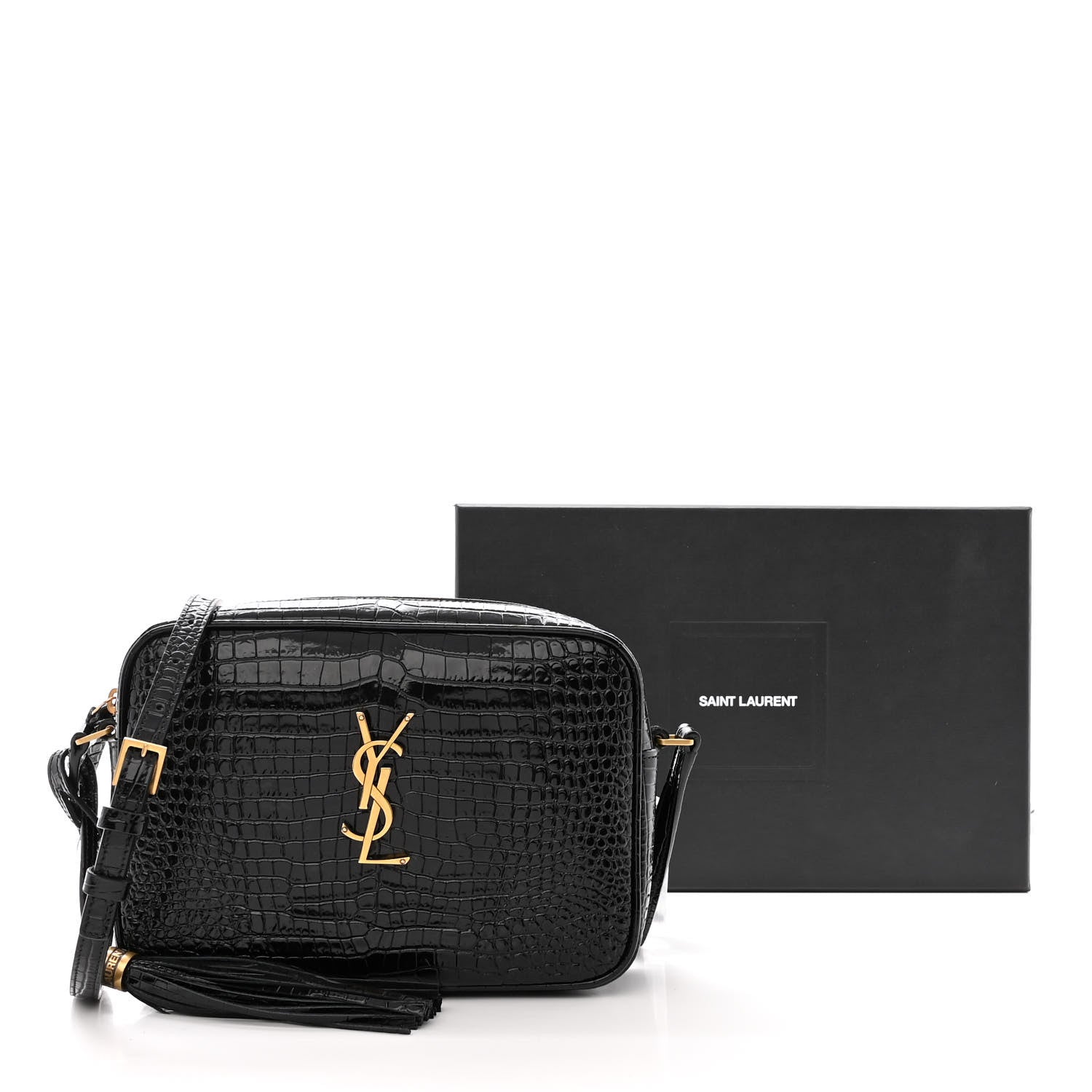Saint Laurent Patent Calfskin Crocodile Embossed Monogram Lou Camera Bag Black 12 of 12
